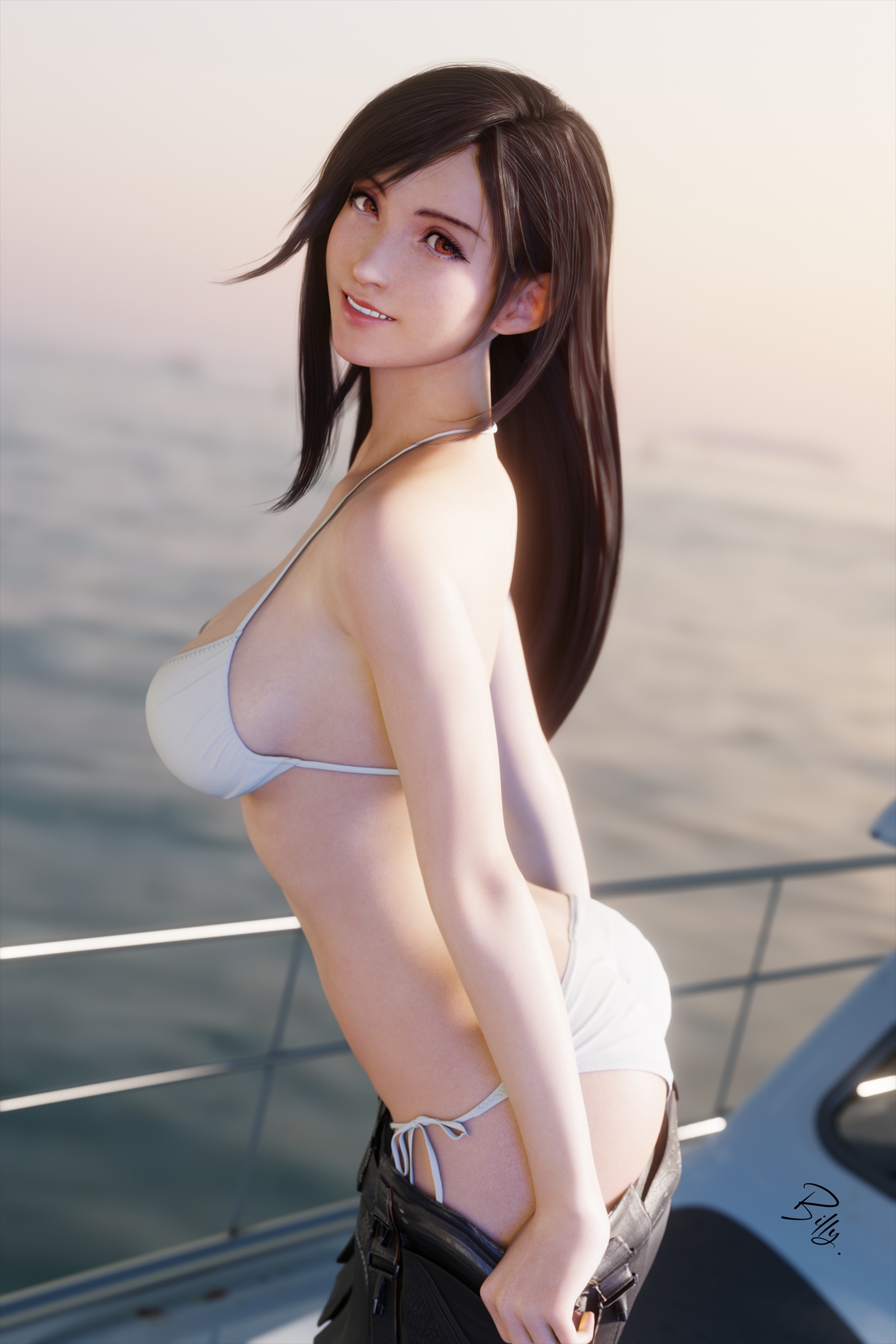 1girls, 3d, arms, ass, back, bikini, bikini bottom, bikini top, billyhhyb, black hair, boat, breasts, brown hair, cleavage, dark hair, female, female torso, final fantasy, final fantasy vii, hips, human, light skin, light-skinned female, looking at viewer, looking back, ocean, outside, red eyes, sfw, shoulders, side view, sideboob, smile, smiling, solo, taking clothes off, tifa lockhart, trousers, waist, water
