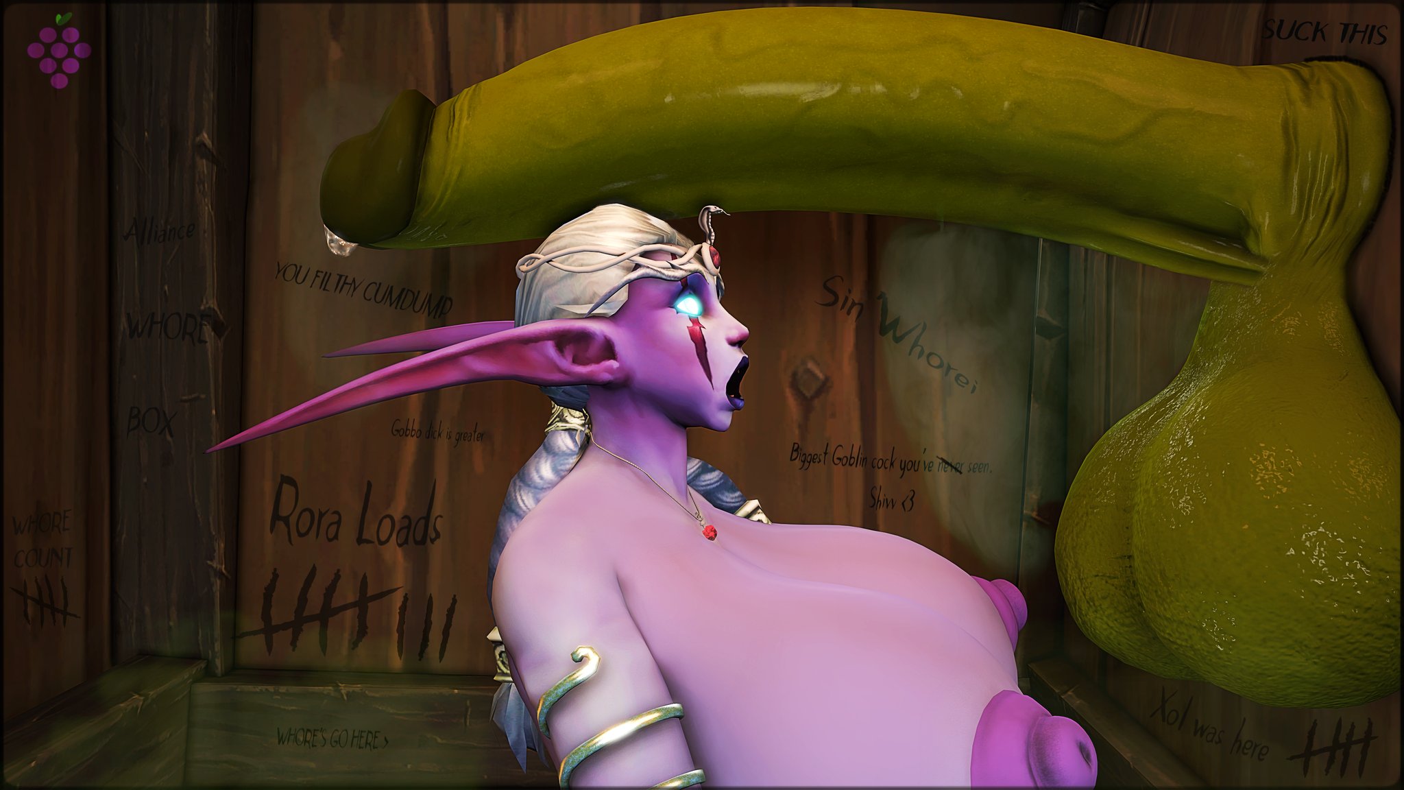1boy, 1girls, balls, big balls, big breasts, big penis, blue eyes, breasts, elf, female, glory hole, goblin, goblin male, green skin, huge balls, huge breasts, huge cock, huge penis, hyper, hyper breasts, hyper penis, knife ears, long ears, male, massive breasts, massive cock, monster cock, night elf, night elf female, nipples, open mouth, penis, pointy ears, purple skin, surprised, surprised expression, sweetgrapes0101, veiny penis, warcraft, white hair, world of warcraft, wow