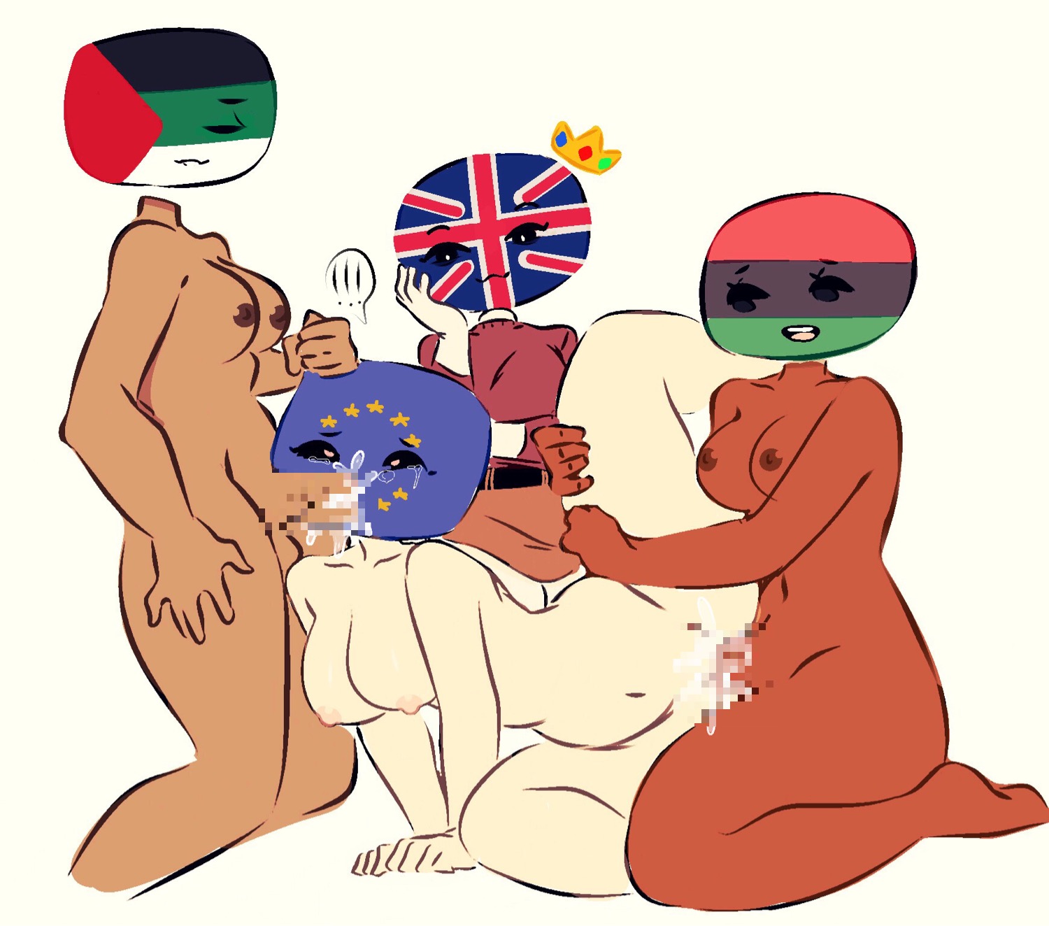 2futas, 2girls, alternate version available, areolae, balls, being watched, big breasts, big penis, breasts, censored, clothed, clothing, countryhumans, countryhumans girl, cum in mouth, cum in pussy, dark skin, dark-skinned futa, erection, european union (countryhumans), fellatio, female, flawsy, futa on female, futanari, humanoid, humanoid penis, intersex, light skin, light-skinned female, medium breasts, mosaic censoring, nipples, nude, oral, pan-afro (countryhumans), pan-arab (countryhumans), penis, pussy, repost, sex, simple background, t-square position, united kingdom (countryhumans), vaginal penetration, white background