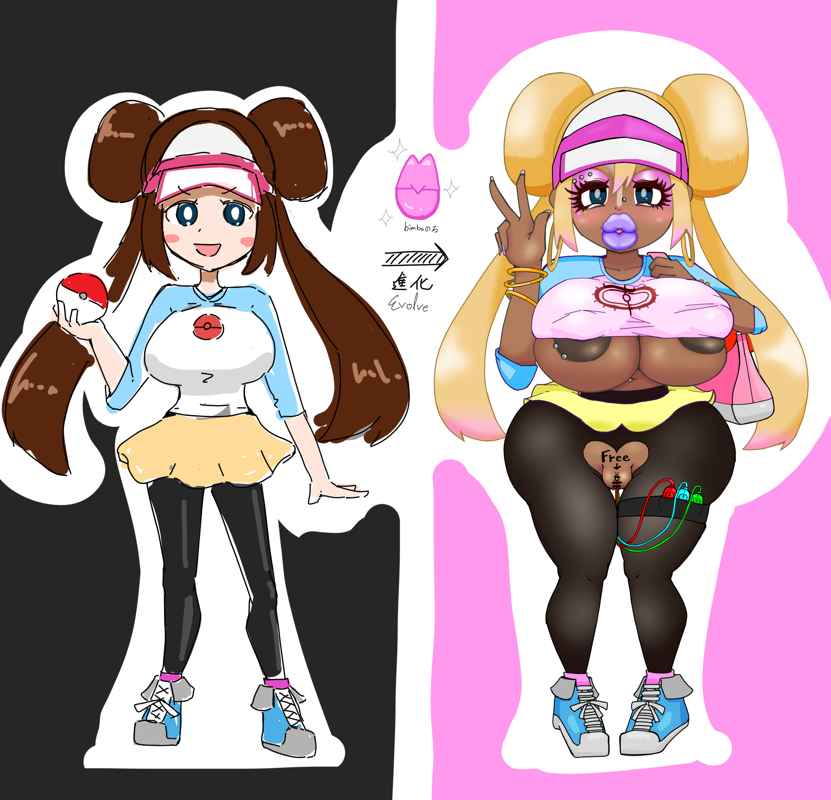 ass, ass expansion, bimbo, bimbofication, brain drain, brainwashing, breast expansion, breast growth, breast growth (enlargement), breasts, ebonization, female, ganguro, gyaru, hair growth, huge ass, huge breasts, japanese text, lip expansion, nipples, personality change, pokemon, queen of spades, race swap, rosa (pokemon), tatematsu bou, text, thick lips, thick thighs, thigh expansion, transformation, transformation sequence, translation request, wide hips