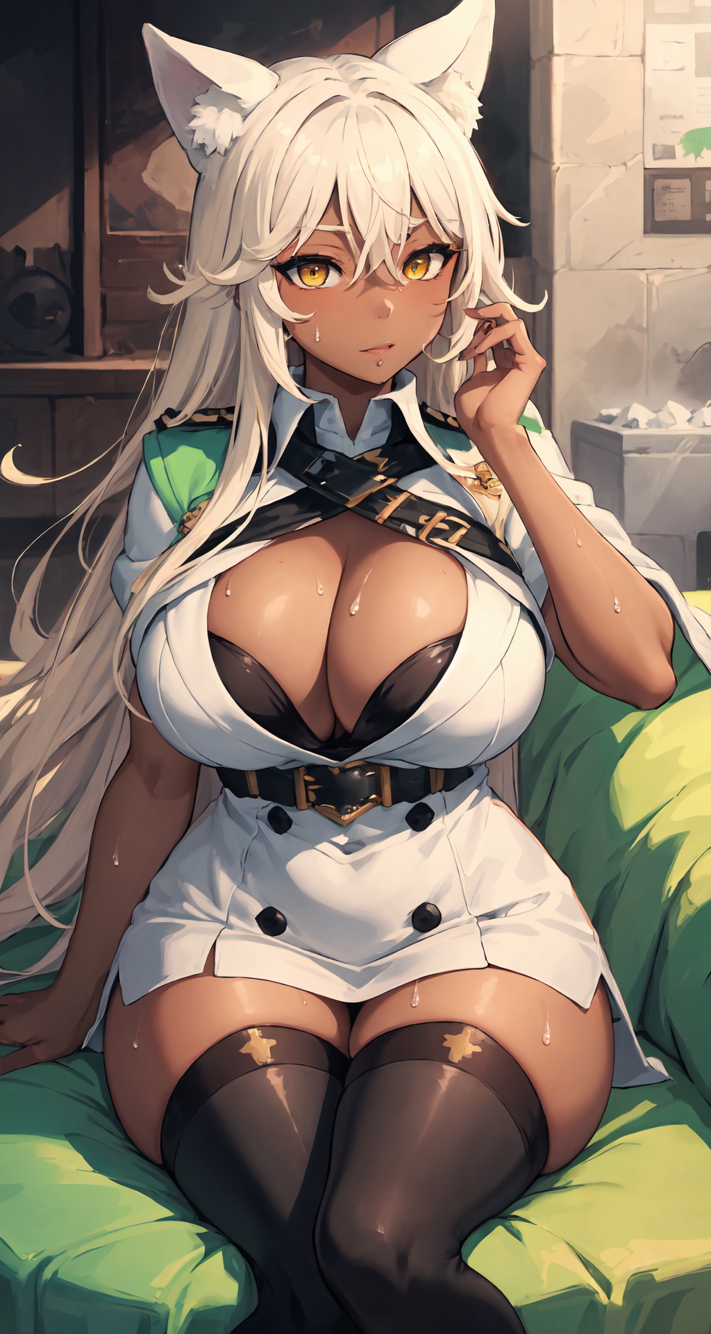 1girls 2023 ai_generated animal_ear_fluff animal_ears anime_nose blonde_hair blush boyshorts cat_ears catgirl cleavage cleavage_window clothed curvaceous curvy_body curvy_female curvy_figure dark-skinned_female dark_skin dress ear_tuft female_only fox_ears fox_girl guilty_gear high_resolution huge_breasts legwear long_hair looking_at_viewer ramlethal_valentine seductive_look short_shorts solo_focus stable_diffusion sweat tan-skinned_female tan_skin thick_thighs underwear uniform voluptuous voluptuous_female yellow_eyes