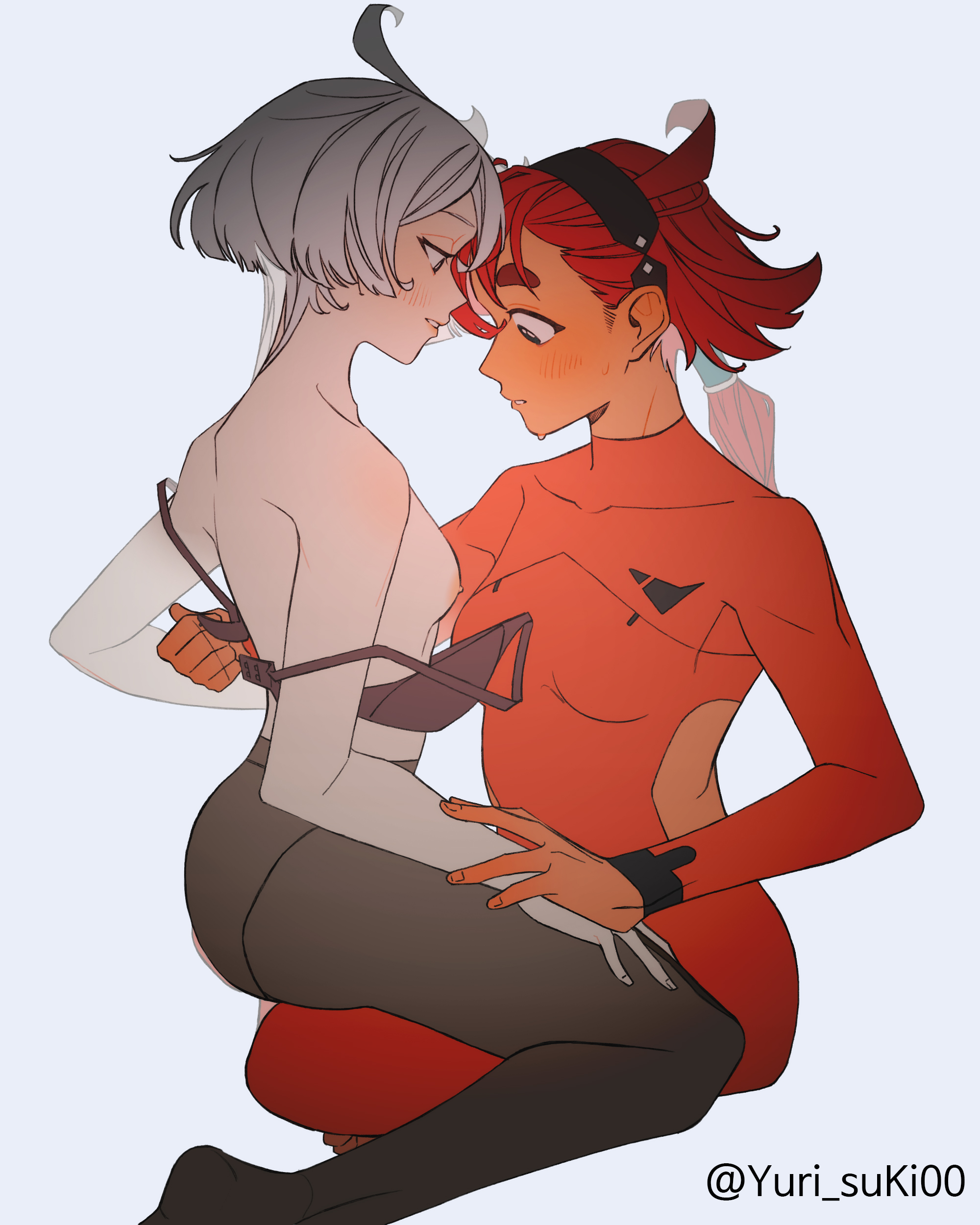 2girls, artist name, blush, bra removed, breasts, canon couple, clothed female nude female, color, female, foreplay, gay, green eyes, gundam, gundam suisei no majo, hair ornament, imminent sex, looking at breasts, married couple, miorine rembran, nipples, ponytail, red hair, romantic, romantic couple, sitting on lap, suletta mercury, undressing, watermark, white background, white hair, wholesome, wife and wife, yuri, yurisuki00