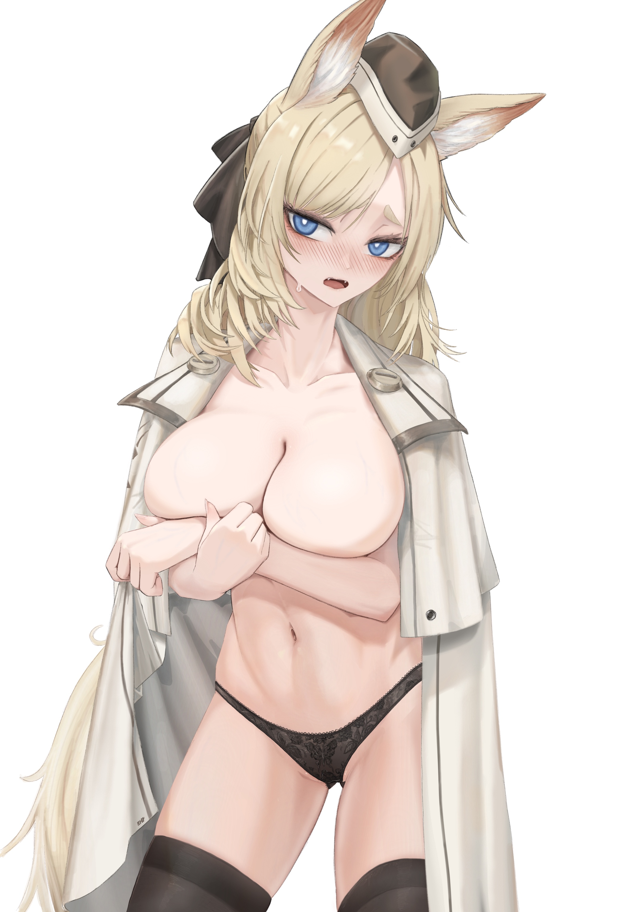 1girls, animal ears, arknights, belly, belly button, black panties, blonde hair, blue eyes, blush, breasts, collarbone, covered nipples, covering breasts, female, female only, horse ears, jacket on shoulders, large breasts, long hair, looking at viewer, midriff, mildt, naked, older female, panties, simple background, solo, standing, thighhighs, topless, whislash (arknights)