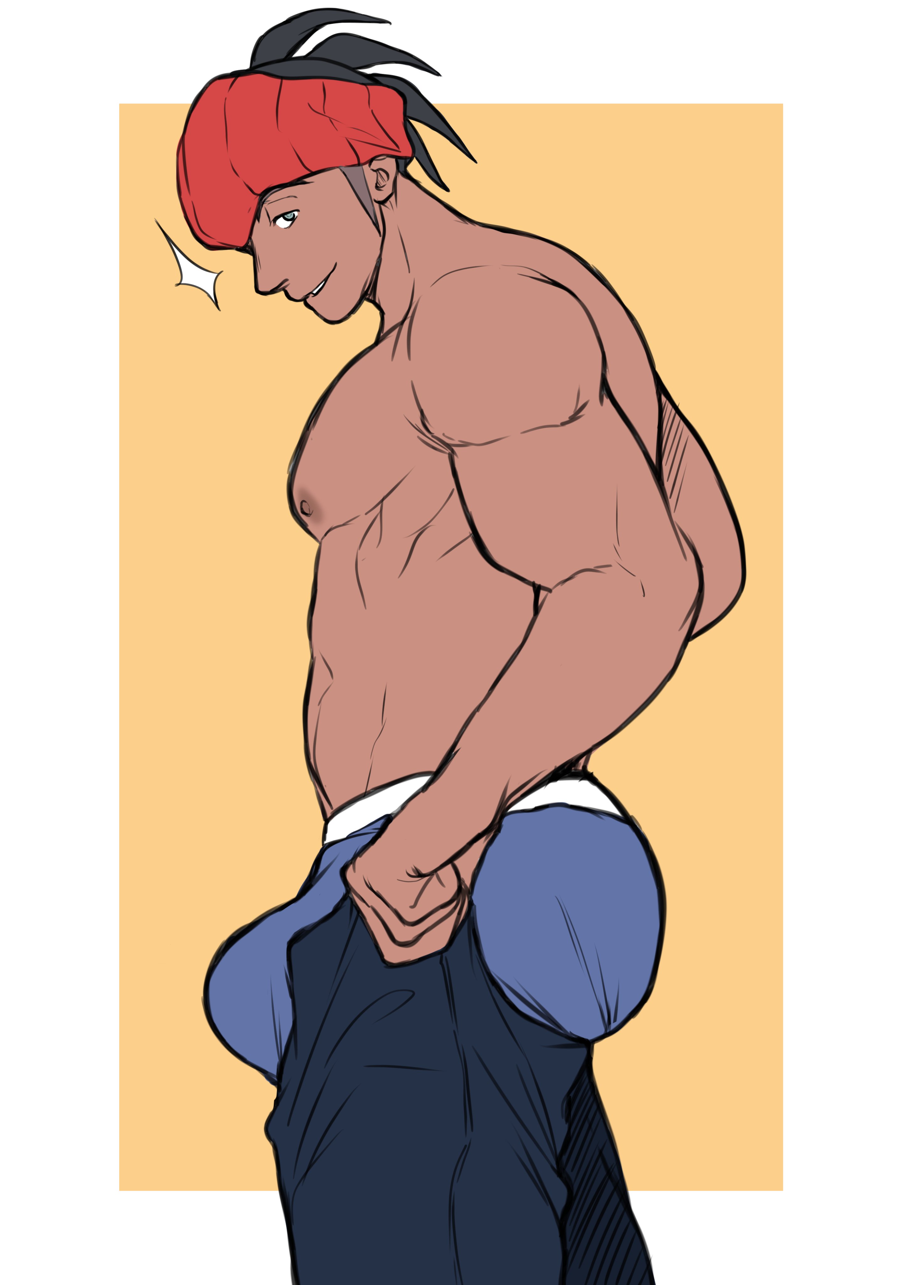 1boy, ass, bara, boxers, bulge, clothing, clothing lift, dark skin, dark-skinned male, flaccid, gay, hoybarartist, i've never seen a guy recreate this successfully tbh (meme), looking at viewer, male, male only, meme, muscular, muscular male, nipples, pants, penis, pokemon, pokemon ss, raihan (pokemon), solo, solo male, tight pants (meme), topless, underwear, yaoi