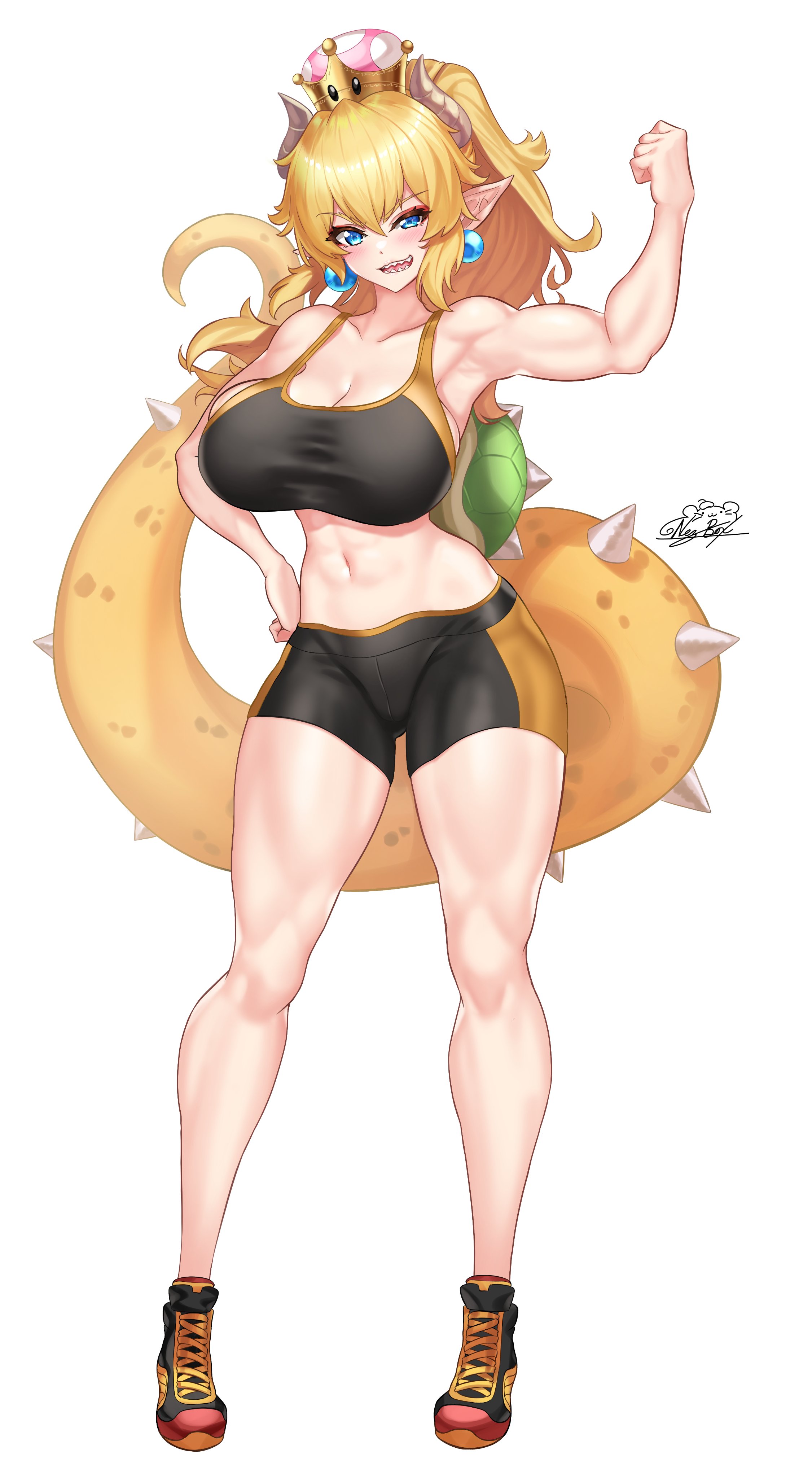 1girls, 2d, big breasts, blonde hair, blue eyes, bowsette, breasts, female, female only, gym clothes, hand on hip, horns, light skin, light-skinned female, looking at viewer, mario (series), new super mario bros. u deluxe, nez-box, nintendo, pale skin, pale-skinned female, shell, simple background, solo, super crown, tail, watermark