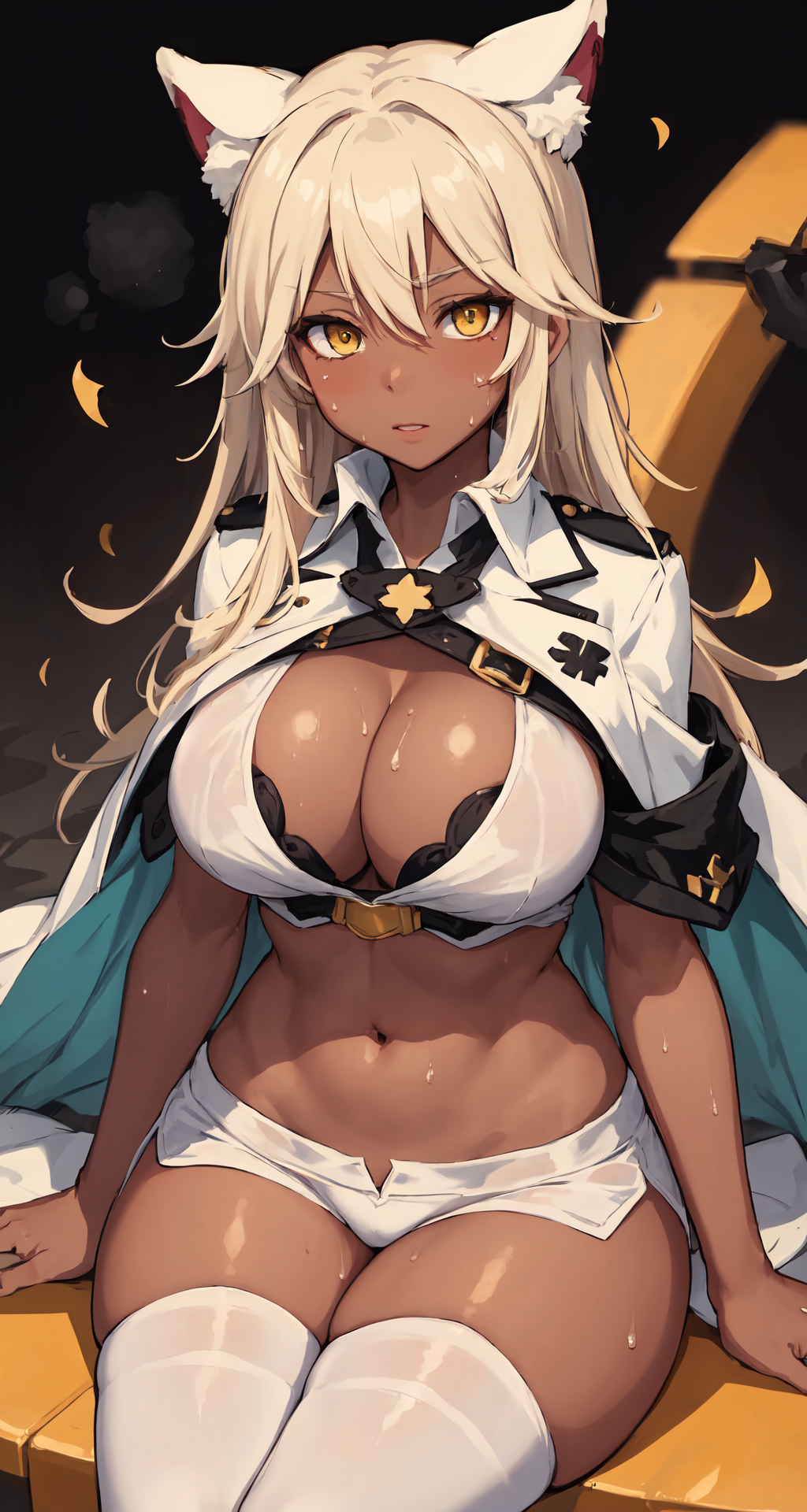 1girls 2023 ai_generated animal_ears anime_nose blonde_hair blush boyshorts cat_ears catgirl cleavage cleavage_window clothed curvaceous curvy_body curvy_female curvy_figure dark-skinned_female dark_skin female_only fox_ears fox_girl guilty_gear hi_res huge_breasts legwear long_hair looking_at_viewer ramlethal_valentine seductive_look short_shorts solo_female solo_focus stable_diffusion sweat tan-skinned_female tan_skin thick_thighs underwear uniform yellow_eyes