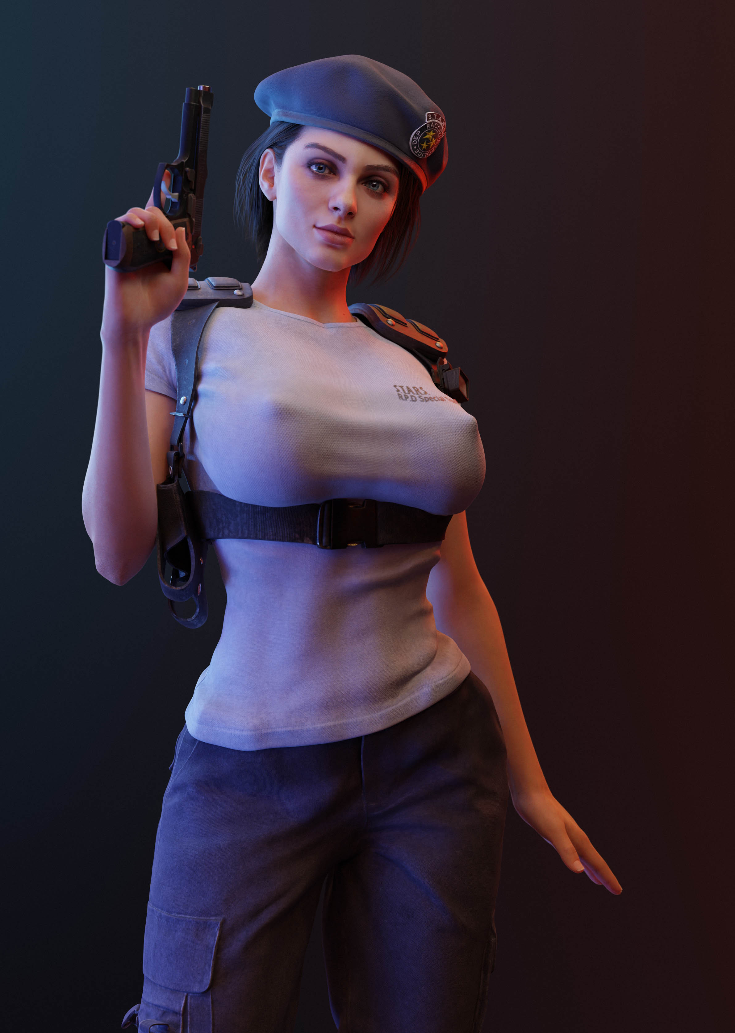 1girls, 3d, batesz, big breasts, blender, breasts, female, female only, jill valentine, jill valentine (julia voth), large breasts, resident evil, resident evil 3, solo