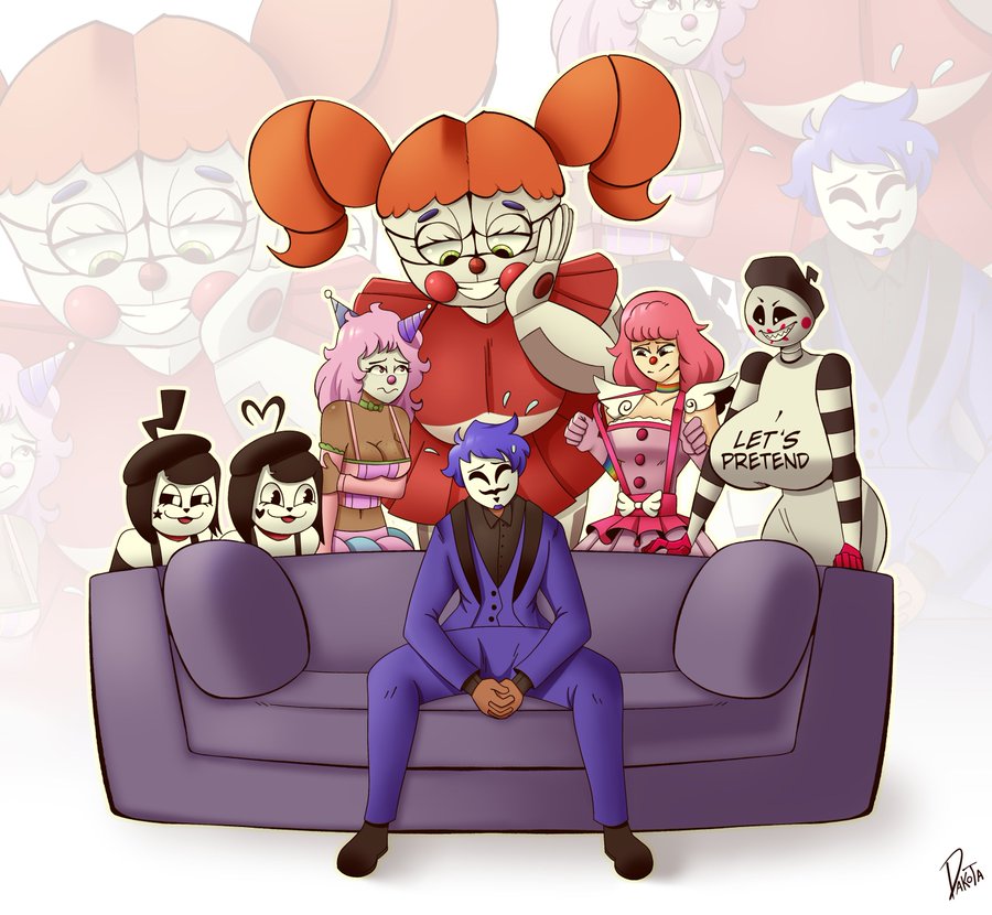 1boy 2023 6girls ace_attorney artist_name baby_(fnafsl) better_version_at_source big_breasts black_eyes bonbon_(derpixon) breasts canon_appearance capcom chica_(fnaf) chuchu_(derpixon) circus_baby circus_baby_(fnaf) clothed clown clown_girl crossover dakota018 elbow_gloves five_nights_at_freddy's five_nights_at_freddy's:_sister_location funny geiru_toneido gloves green_eyes mime_and_dash mime_toy_chica piper_perri_surrounded quiet_time_(clown0mori) scottgames sister_location suit suspenders suspenders_pull toy_chica_(fnaf)