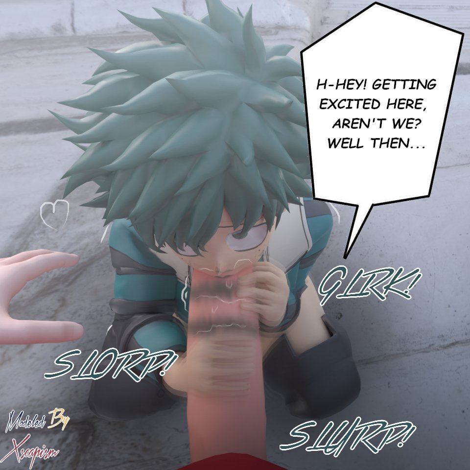2boys, ass, big ass, big butt, black lipstick, bubble ass, bubble butt, curvy, curvy figure, english text, fellatio, femboy, feminization, gay, heart symbol, izuku midoriya, kneeling, large penis, lipstick on penis, male, my hero academia, onomatopoeia, penis, shounen jump, text, xscapism, yaoi