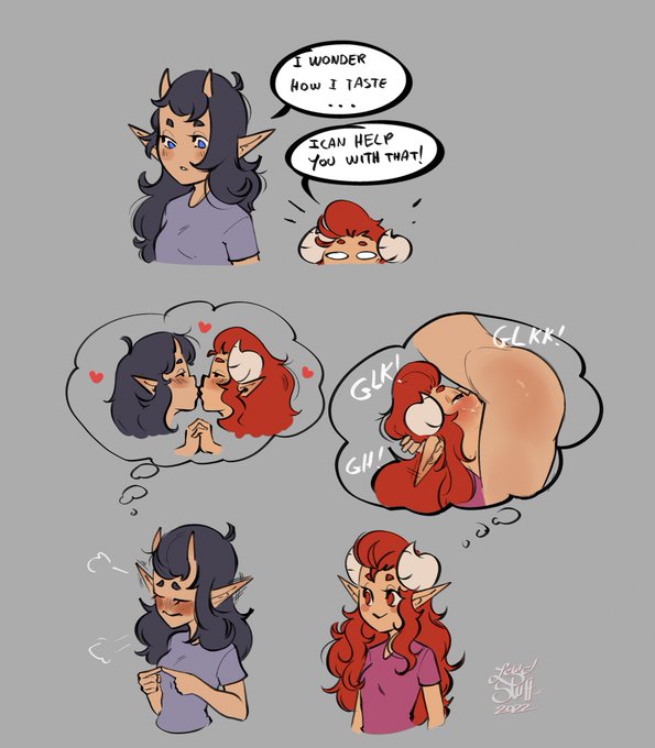 2girls, elf, fellatio, female, futanari, horn, horns, horny, implied oral, intersex, kissing, lesbian, lesbian kiss, lesbians, lewdstuff, mary (lewdstuff), mia (lewdstuff), partners, red eyes, red hair, tagme, text, text bubble, thought bubble