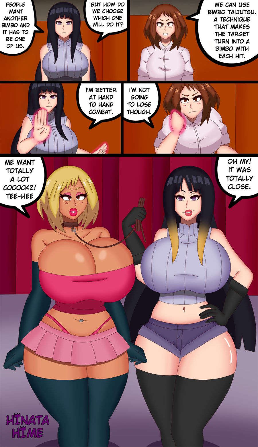 asian bimbo, ass, ass expansion, bimbo, bimbofication, black hair, blonde hair, boku no hero academia, brainwashing, breast expansion, breast growth, breast growth (enlargement), breasts, comic, crossover, dark skin, dark-skinned female, english text, female, hair color change, hair growth, hinata-hime, huge ass, hyuuga hinata, hyuuga hinata (naruto: the last), lip expansion, miniskirt, my hero academia, naruto, naruto (series), naruto: the last, nipples, ochako uraraka, personality change, race swap, short shorts, shorts, skirt, thick thighs, thigh expansion, transformation, two-tone hair, uraraka ochaco, uraraka ochako, wide hips
