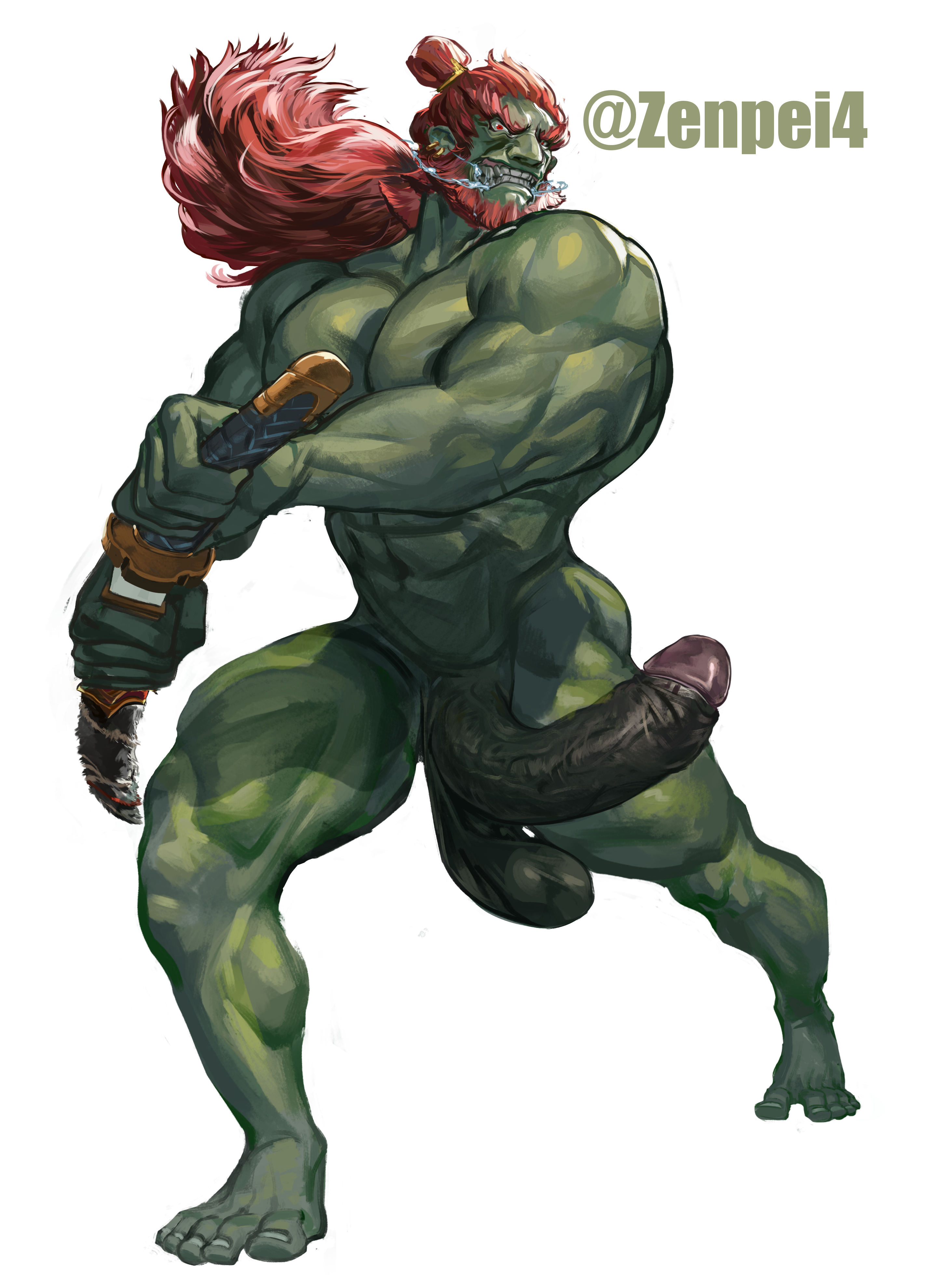 1boy, 2023, abs, action pose, balls, bara, beard, biceps, big balls, big muscles, big penis, boner, completely nude, drooling, erection, facial hair, ganondorf, ganondorf (tears of the kingdom), gay, gerudo, girthy, green body, green skin, half-erect, hi res, highres, holding sword, huge cock, looking at viewer, male, male focus, male nipples, male only, male pubic hair, masculine male, muscles, muscular, muscular arms, muscular legs, muscular male, muscular thighs, nintendo, nipples, nude, penis, pubic hair, red eyes, red hair, solo, solo male, swinging balls, swinging penis, sword, tears of the kingdom, teeth clenched, the legend of zelda, thick penis, vein, veiny penis, violent, yaoi, zenpei, zenpei4
