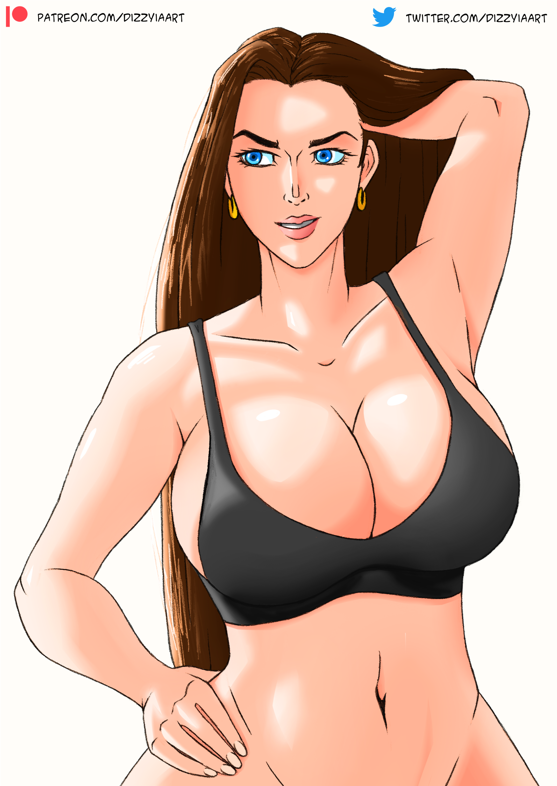 1girls, battle tendency, big breasts, black bra, blue eyes, bra, breasts, brown hair, earrings, female, female only, jojo's bizarre adventure, lisa lisa, long hair, milf, solo, touching hair, white background, white body, white skin