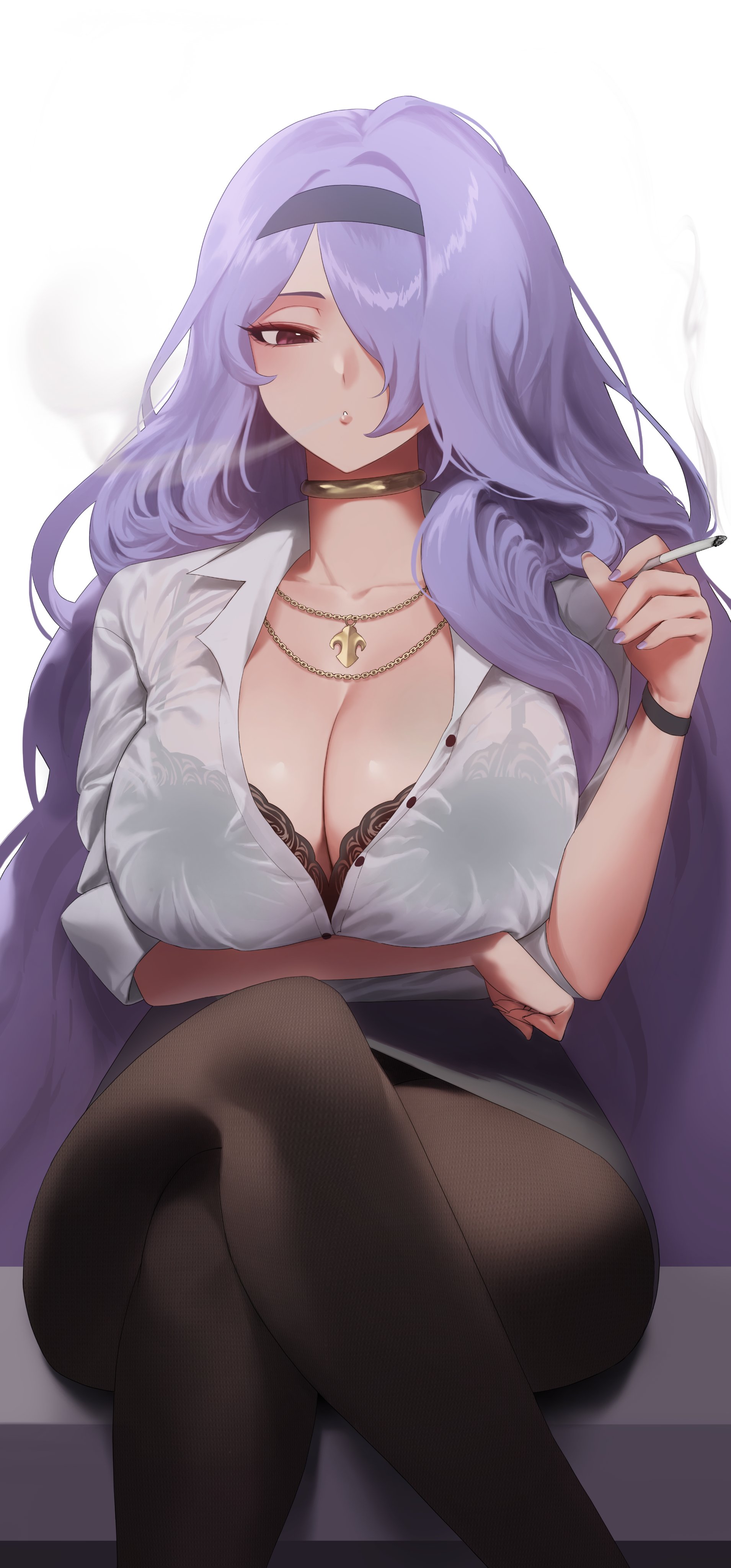 1girls, absurd res, absurdres, alternate costume, arm under breasts, black skirt, black wristband, bra, bra visible through clothes, breasts, business suit, camilla (fire emblem), choker, cigarette, cleavage, clothed, commission, contemporary, crossed legs, dress shirt, female, female only, fire emblem, fire emblem fates, formal, hair over one eye, headband, high-waist skirt, highres, hips, holding, holding cigarette, huge breasts, jewelry, lingerie, lips, long hair, long sleeves, looking at viewer, mature female, necklace, nintendo, nose, office lady, open mouth, pantyhose, partially unbuttoned, pencil skirt, purple eyes, purple hair, red eyes, shirt, short skirt, simple background, sitting, skirt, sleeves rolled up, smoke, smoking, solo, suit, thick thighs, thighs, underwear, very long hair, wavy hair, white shirt, yohu08
