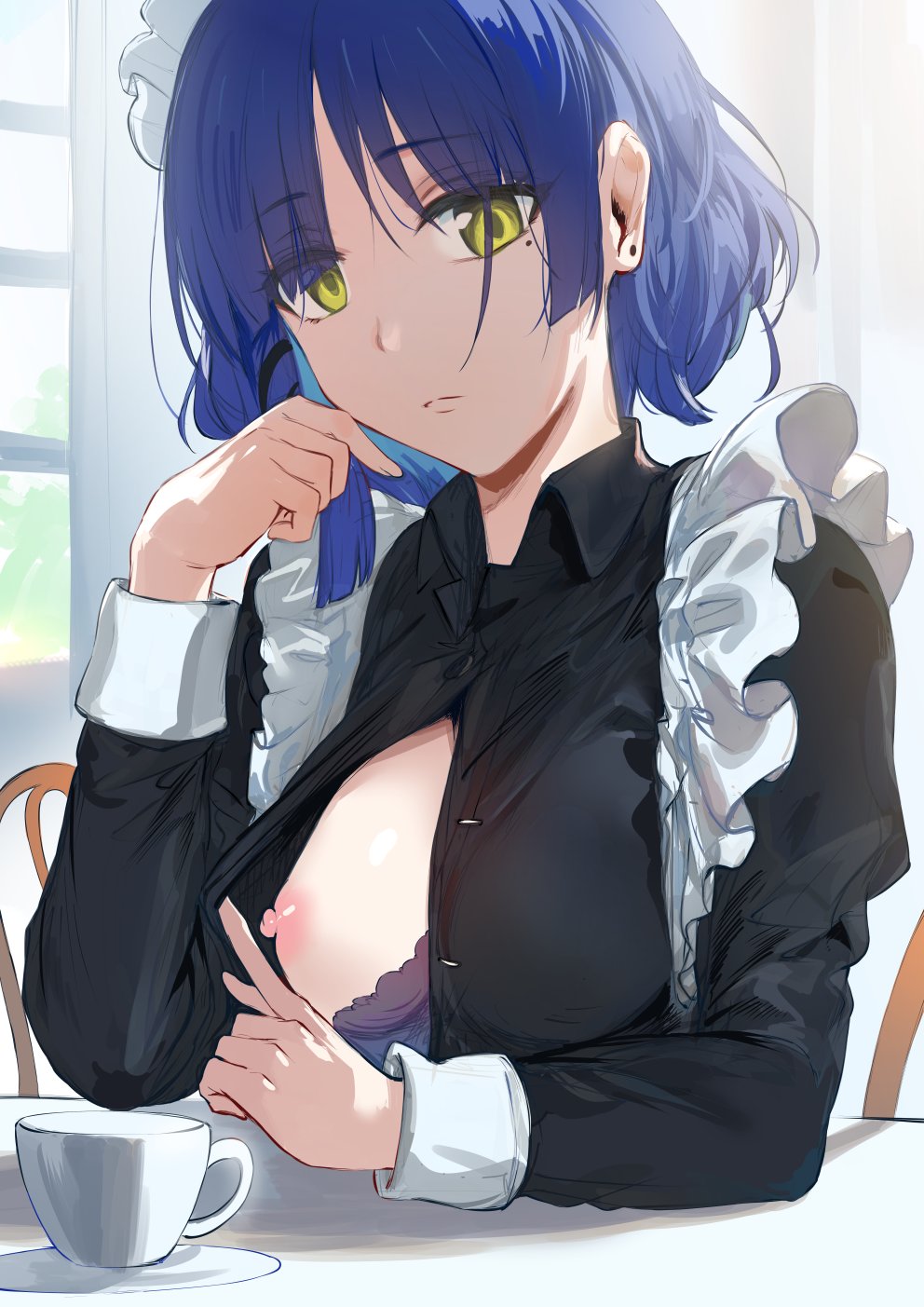 1girls blue_hair bocchi_the_rock! breasts coffee_cup female female_only hews_hack looking_at_viewer nipples one_breast_out short_hair solo tagme yamada_ryou yellow_eyes