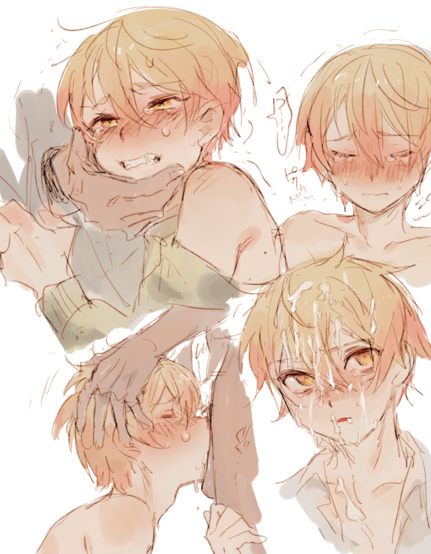 2boys, blowjob, blush, blush lines, cum, cum in hair, cum on face, deepthroat, dubious consent, femboy, gay, girly, hand in another's hair, hand on another's head, male, male focus, male only, male/male, oral, project sekai, tagme, tears, tenma tsukasa, yaoi