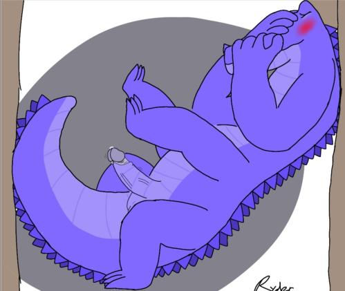 1boy 4_legs anthro anthro_only back_spikes balls blush bodily_fluids covering covering_face crocodile crocodile_taur crocodilian crocodilian_taur crocodylid erection genital_fluids genitals low_res male male_only penis precum reptile reptile_taur ryder98 scalie scalie_taur solo spikes spikes_(anatomy) taur vein veiny_penis