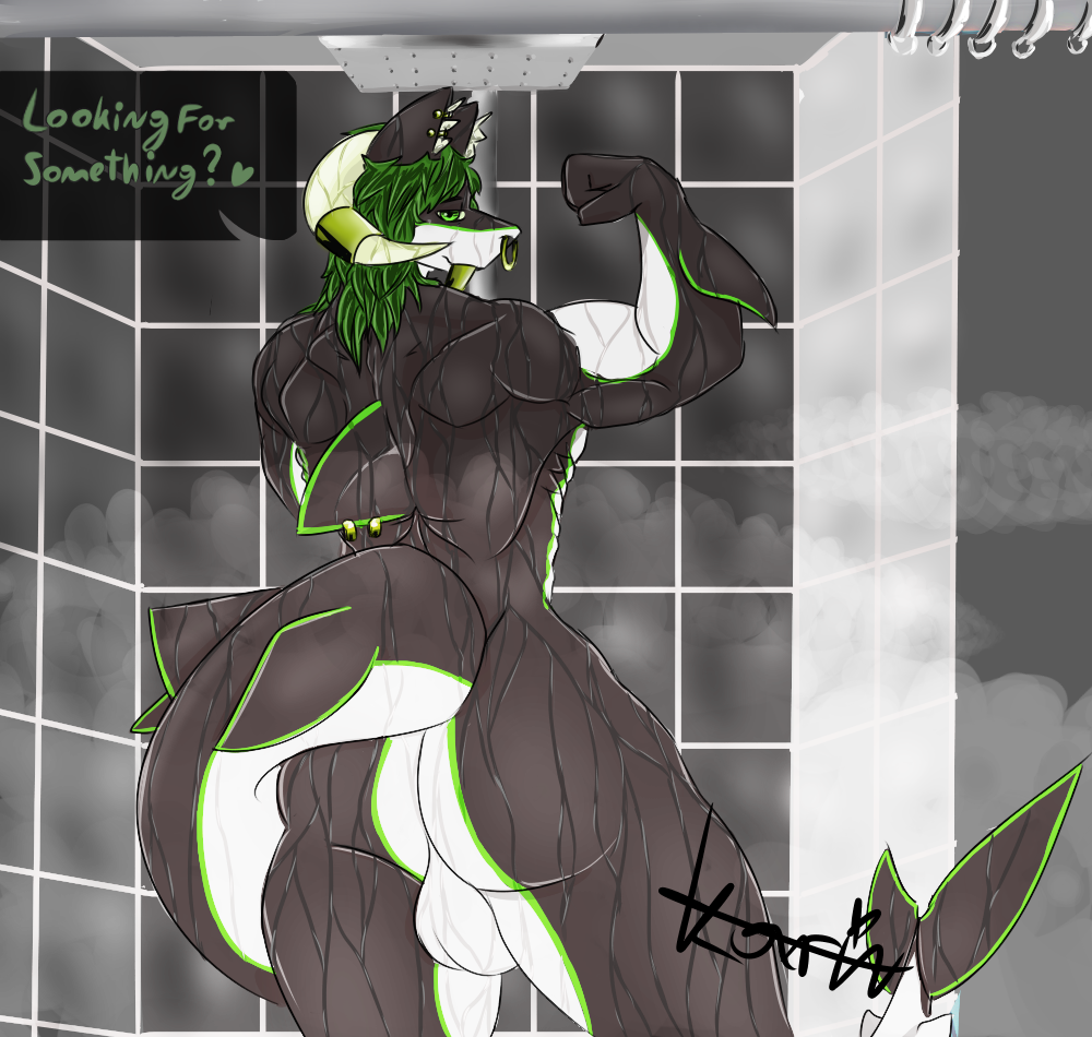 anthro ass balls bathing big_balls big_butt black_body dorsal_fin dragon dripping ear_piercing facial_piercing fin fin_piercing fish furgonomics furry-specific_piercing genitals gold_(metal) gold_jewelry gold_tooth green_body green_eyes green_hair hair horn horn_jewelry horn_ring hybrid inner_ear_fluff jewelry karinfysh male marine multicolored_body muscular muscular_male nose_piercing nose_ring piercing presenting ring_(jewelry) ring_piercing shark shower shower_head showering solo speech_bubble steam text thick_thighs tuft wet white_body wide_hips