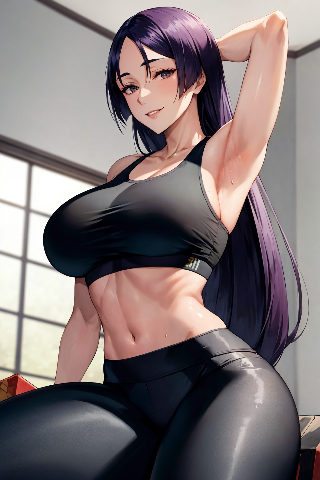 1girls, ai generated, breasts, fate (series), fate/grand order, female, flyingpancake, gym uniform, large breasts, light skin, light-skinned female, long hair, minamoto no raikou (fate/grand order), navel, purple eyes, purple hair, sports bra, sportswear, stable diffusion, thick thighs, yoga pants