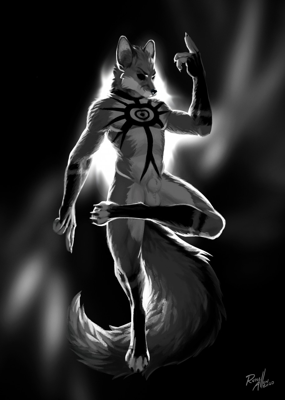 2020 animal_genitalia anthro balls black_background black_nose black_sclera canid canine chest_tattoo crossed_legs dated floating fox fully_sheathed genitals gesture gloves_(marking) greyscale hi_res king_of_fighters leg_markings male male_focus male_only mammal markings monochrome original original_character raised_finger raised_index_finger russell_allen sheath signature simple_background snk socks_(marking) solo tattoo victor_johansen