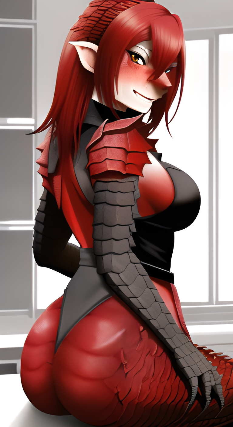 1girls 2023 ai_generated anthro apron ass ass_focus big_ass big_butt black_panties black_scales black_thong breasts dragon dragon_girl female female_only half_dragon kitchen looking_back maid maid_outfit maid_uniform multicolored_body natural_armor red_body red_hair red_scales scales scalie scalieton scantily_clad self_upload smile smiling smiling_at_viewer stable_diffusion thong tight_clothing