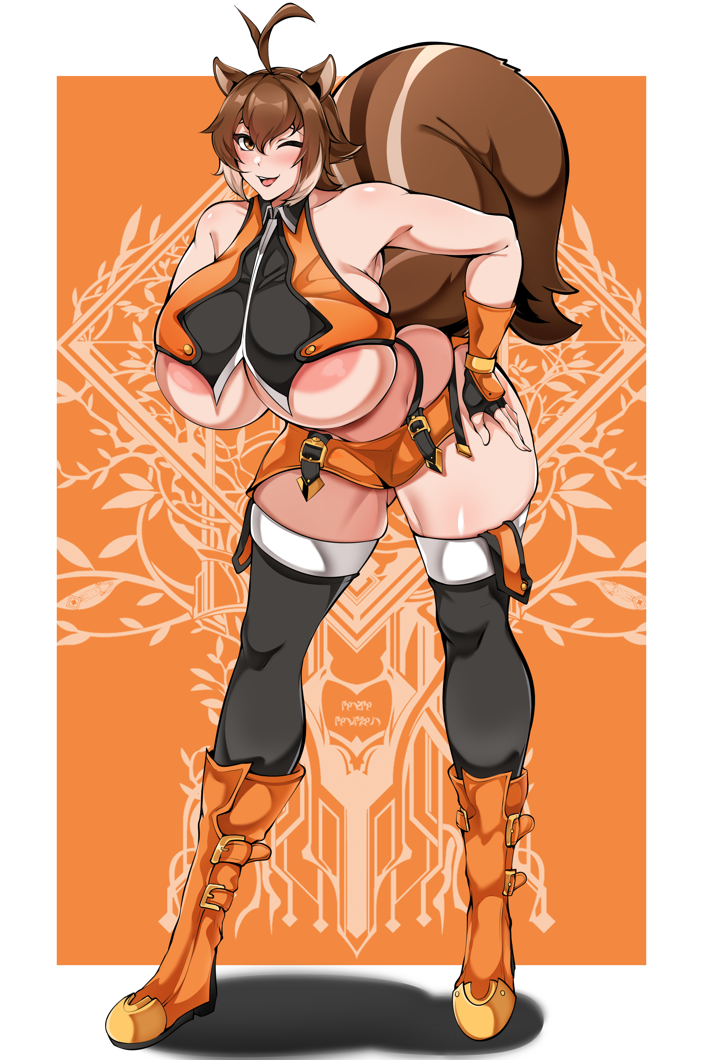 1girls, areola slip, bent over, big breasts, big thighs, blazblue, breasts, busty, female, full body, gigantic breasts, huge breasts, huge thighs, large breasts, makoto nanaya, massive breasts, owner (artist), solo, standing, thick thighs, thighhighs, thighs, underboob, voluptuous