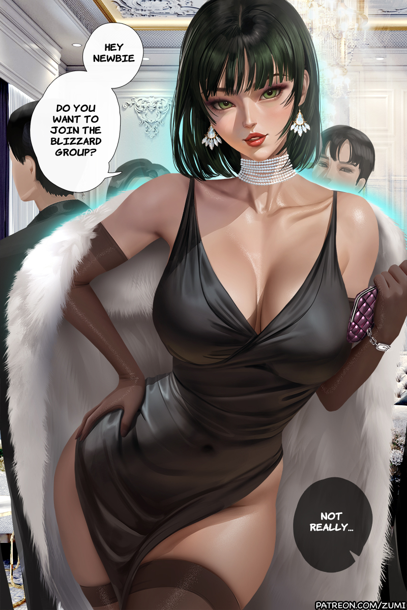 1girls black_dress cleavage curvaceous curvy curvy_figure dialogue dress earrings elbow_gloves female fubuki_(one-punch_man) fur_coat green_hair hourglass_figure multiple_boys necklace one-punch_man purse short_hair stockings text text_bubble zumi