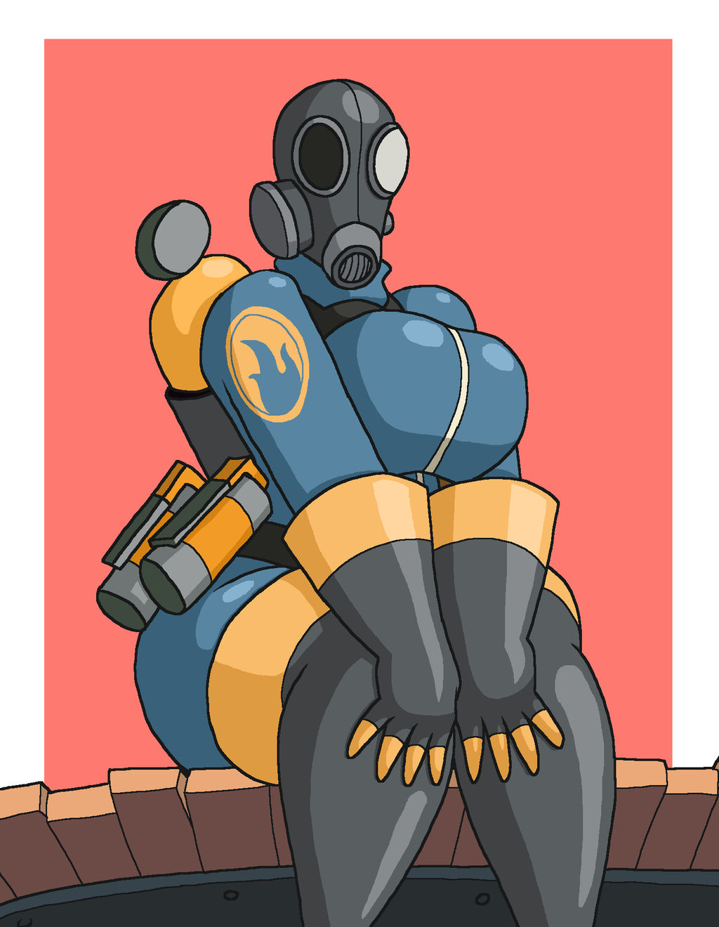 1girls, 2d, big breasts, breast squeeze, breasts, female, female only, fempyro, human, human female, human only, looking at viewer, napalmkrillos, pyro (team fortress 2), solo, team fortress 2, thick thighs, thighhighs, thighs, valve