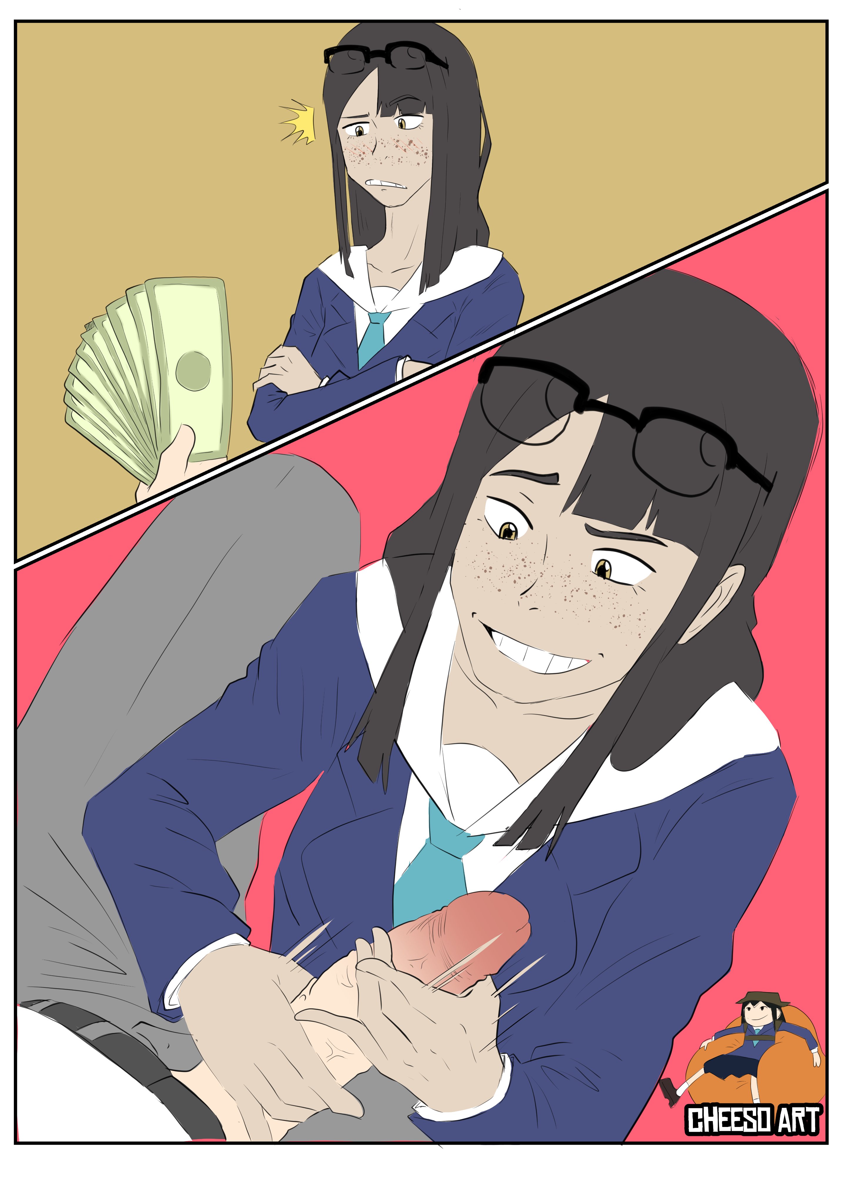 1boy, 1girls, asian female, bangs, cheesoart, crossed arms, eizouken ni wa te wo dasu na!, female, freckles, glasses, glasses on head, handjob, human, jimiko, kanamori sayaka, looking at penis, male, money, penis, school uniform, sex for money, sex worker, tall female