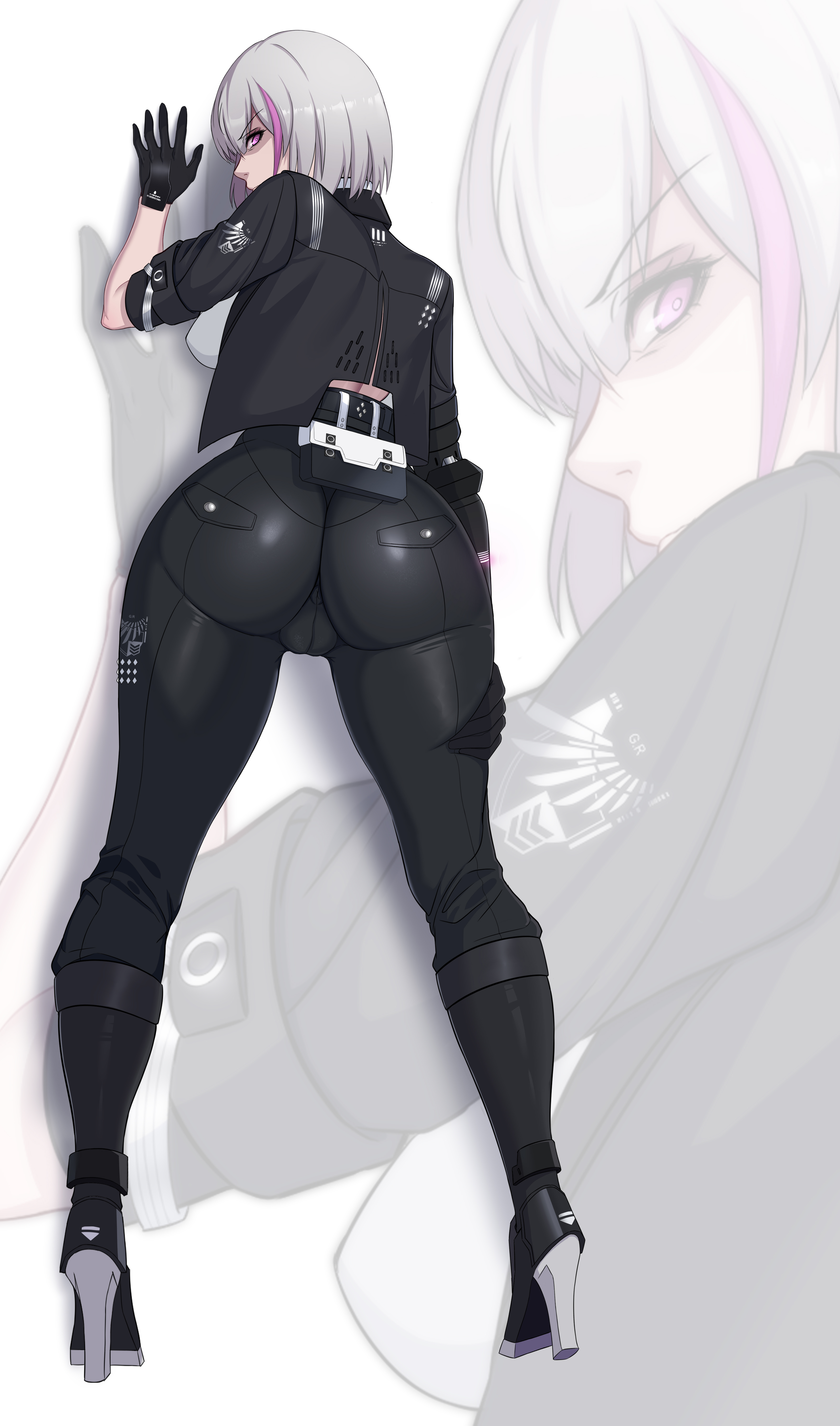 1girls, angry, ass, boots, cameltoe, female, full body, fully clothed, gloves, high heels, liv (punishing: gray raven), lyoko, pants, pink eyes, pink hair, punishing: gray raven, pussy, robot girl, skin tight, solo, standing, thick ass, thighhighs, white hair