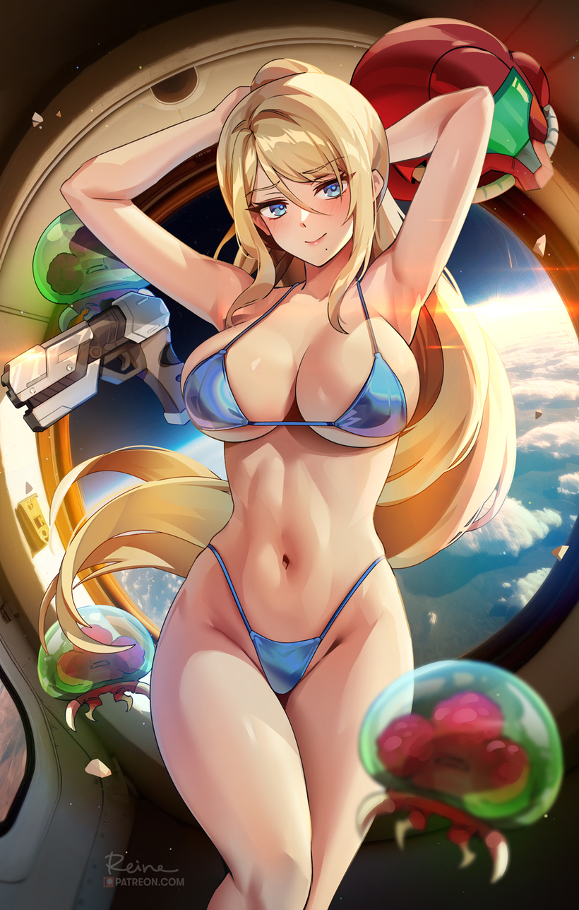 1girls, adapted costume, bikini, blonde, blonde hair, blue bikini, breasts, cleavage, female, foxy rain (foxyreine), foxyrain (foxyreine), foxyreine, g-string, hips, huge breasts, light skin, light-skinned female, long hair, metroid, metroid (creature), nintendo, samus aran, thick thighs, thighs, thong bikini, very long hair, wide hips