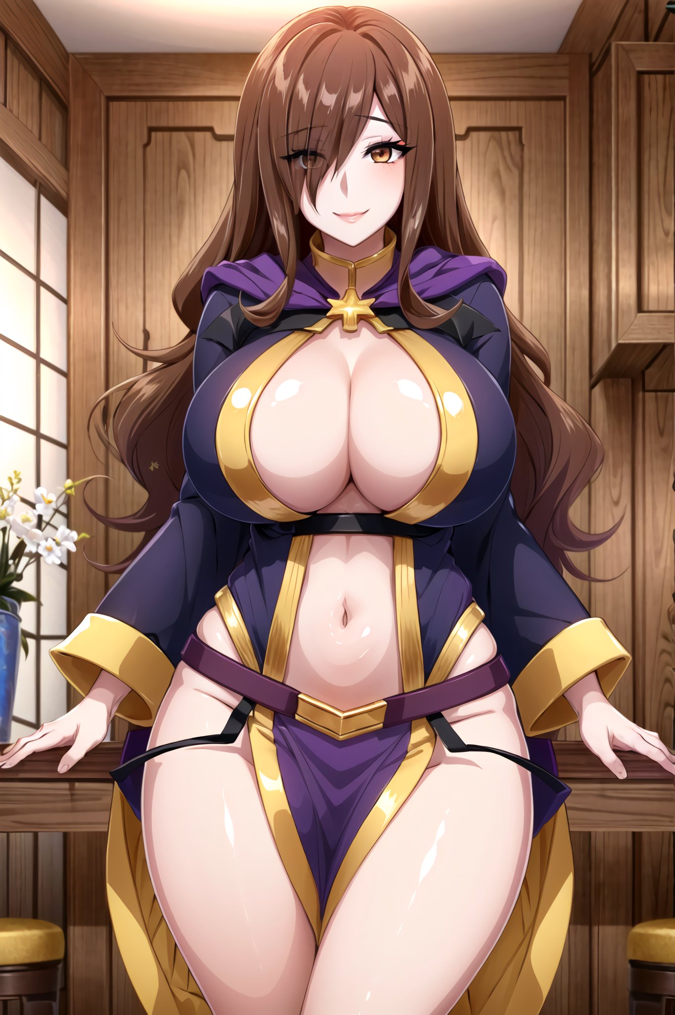 1girls, ai generated, breasts, brown eyes, brown hair, curvy body, curvy female, curvy figure, dress, female, female focus, female only, huge breasts, kono subarashii sekai ni shukufuku wo!, looking at viewer, mature female, mommy, stable diffusion, voluptuous female, wiz (konosuba)