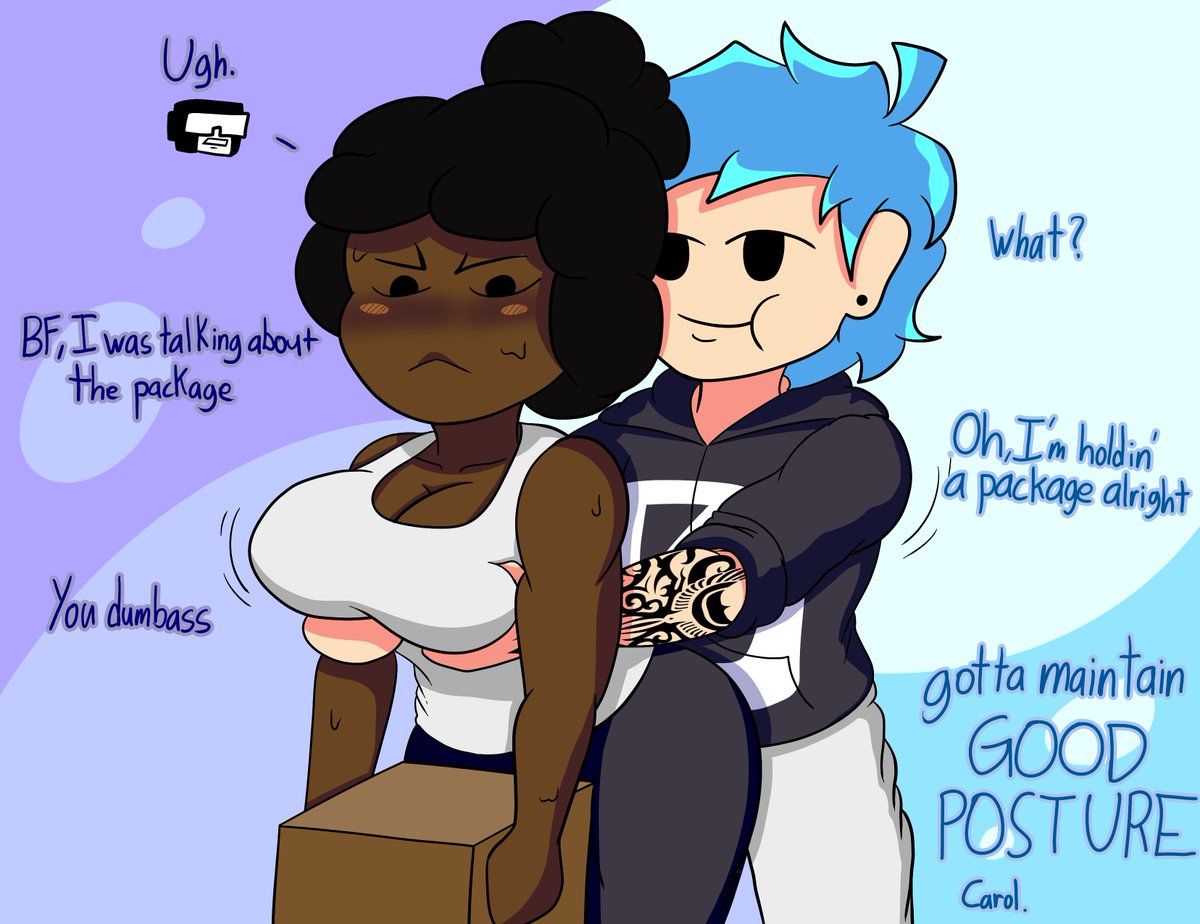 aqua_hair black_hair blush boyfriend_(friday_night_funkin) breast_hold breasts carol_(bbpanzu) dark_skin english_commentary english_text friday_night_funkin grey_pants large_breasts madbastos naughty_face non-web_source pants shirt thick_thighs thighs white_shirt