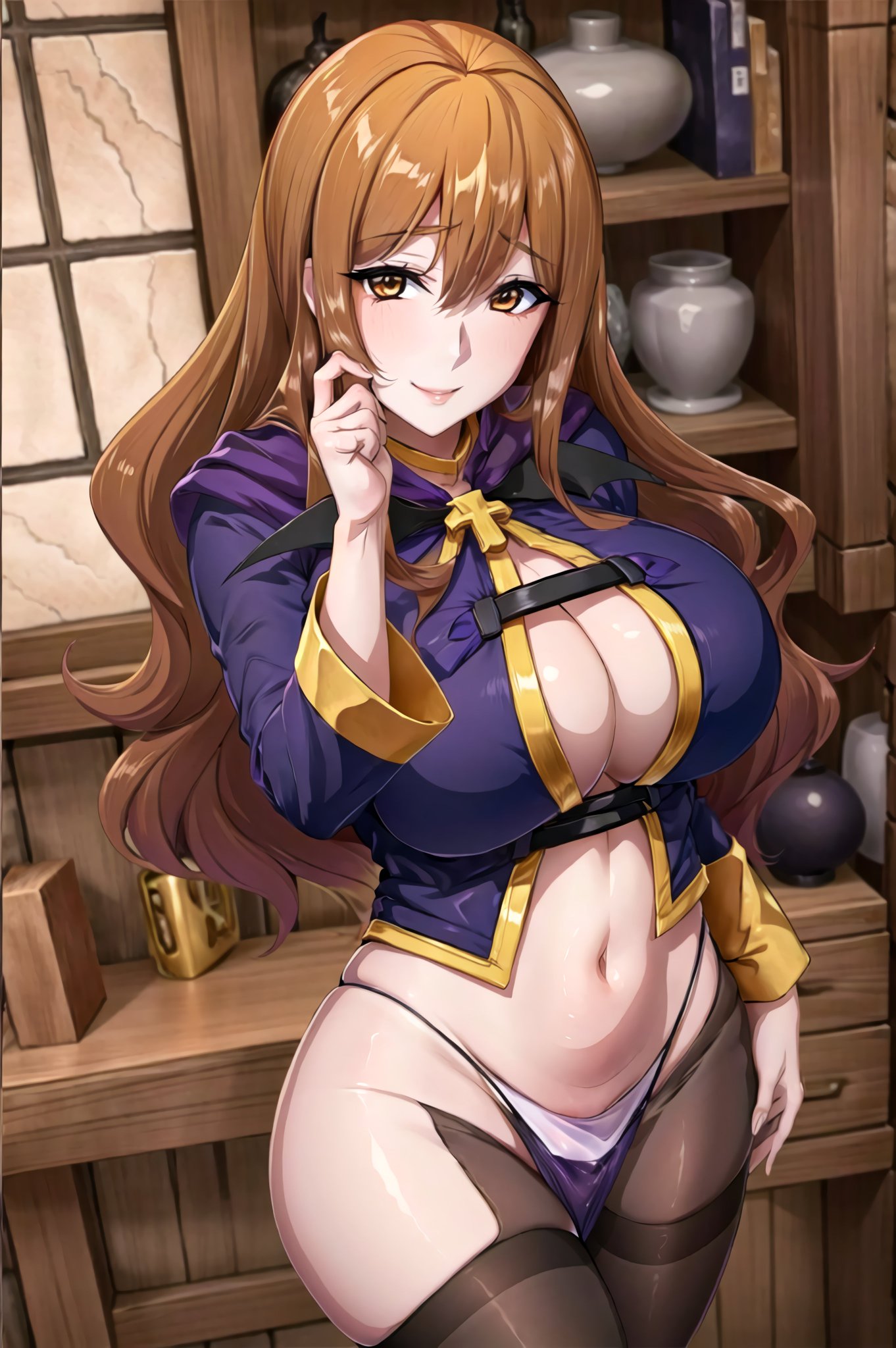 1girls, ai generated, breasts, brown eyes, brown hair, female, female focus, female only, huge breasts, kono subarashii sekai ni shukufuku wo!, legwear, long hair, looking at viewer, mature female, mommy, solo female, solo focus, stable diffusion, underwear, voluptuous female, wiz (konosuba)