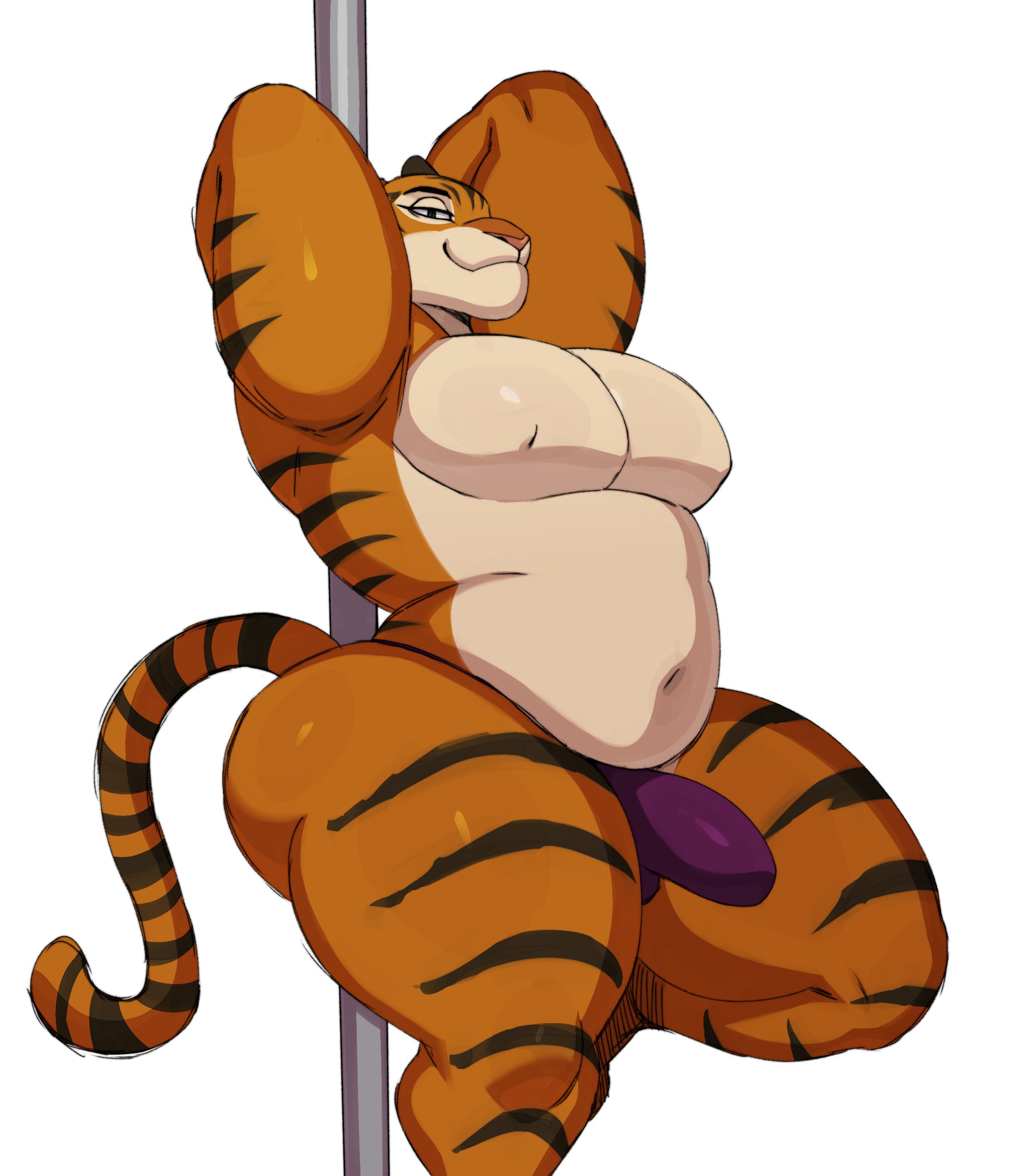 2023, absurd res, anthro, ass, bedroom eyes, big ass, big butt, big pecs, bulge, disney, erection, erection under clothing, felid, hi res, huge thighs, looking at viewer, male, male only, mammal, markings, narrowed eyes, navel, pantherine, pecs, pole, seductive, slightly chubby, smile, solo, solo male, speedo, sssonic2, striped body, striped markings, striped tail, stripes, stripper pole, tail, tail markings, thick thighs, tiger, tiger dancer (zootopia), underwear, zootopia