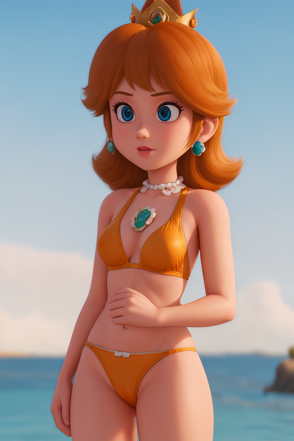 ai_generated bikini bikini_bottom bikini_top blue_eyes brown_hair butts69420 crown high_resolution highres mario_(series) nintendo princess_daisy stable_diffusion super_mario_bros._(2023_film) swimsuit swimwear