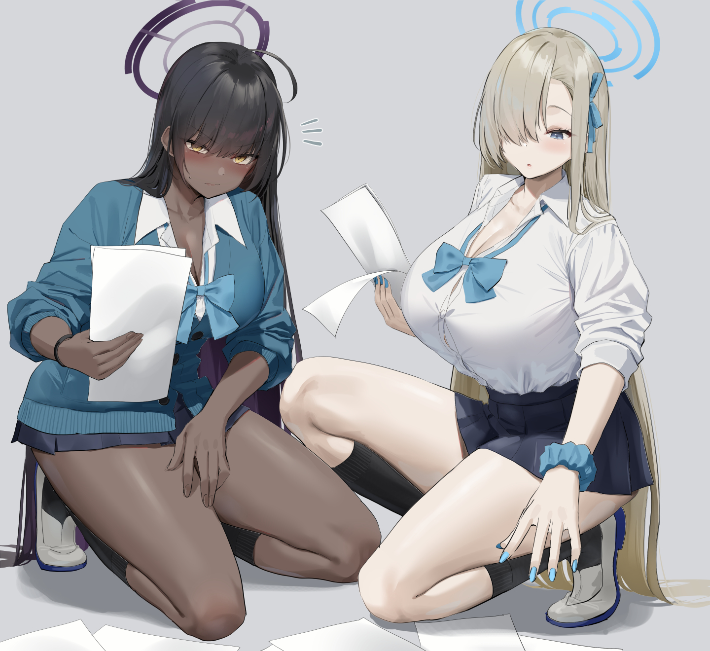 2girls, asuna (blue archive), asuna (school uniform) (blue archive), black hair, blonde hair, blue archive, blue cardigan, blue eyes, breasts, cardigan, chocolate and vanilla, cleaning & clearing (blue archive), female, hair over one eye, halo, hips, huge breasts, karin (blue archive), karin (school uniform) (blue archive), kneeling, long hair, millennium science school student, oekakizuki, school uniform, schoolgirl, short skirt, skirt, thick thighs, thighs, wide hips, yellow eyes