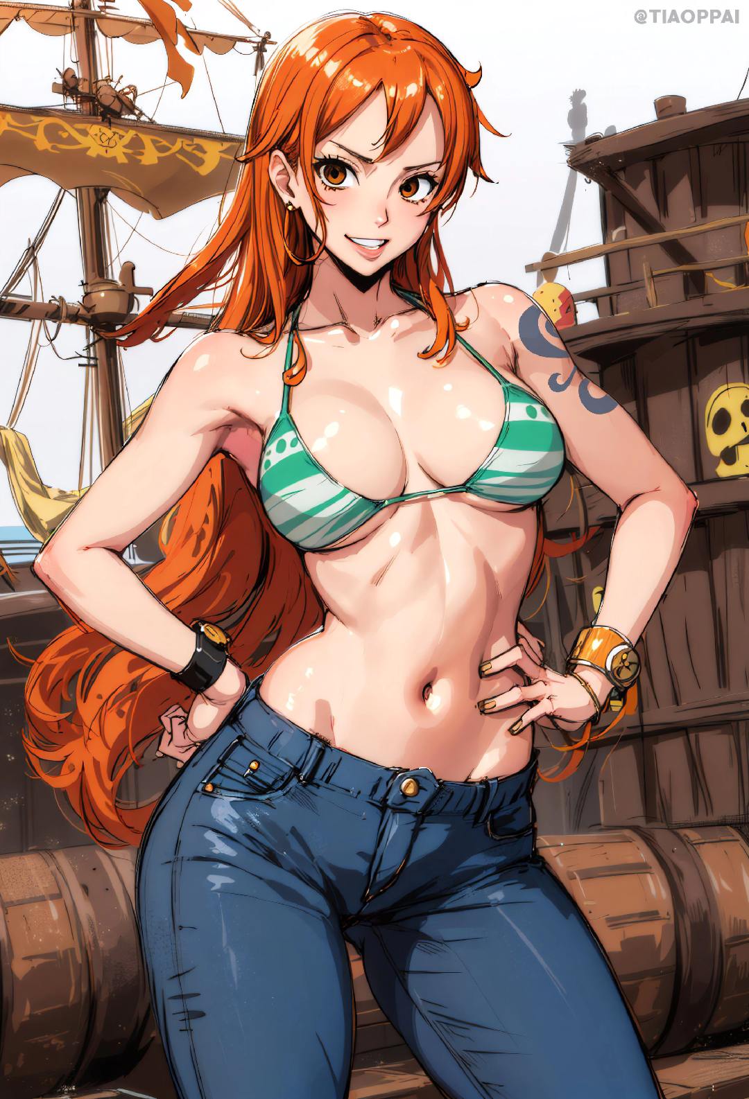 ai generated, bikini, bikini top, bracelet, female, female only, jeans, nami (one piece), one piece, orange eyes, orange hair, painted nails, pirate, post-timeskip, smile, tattoo, tiaoppai
