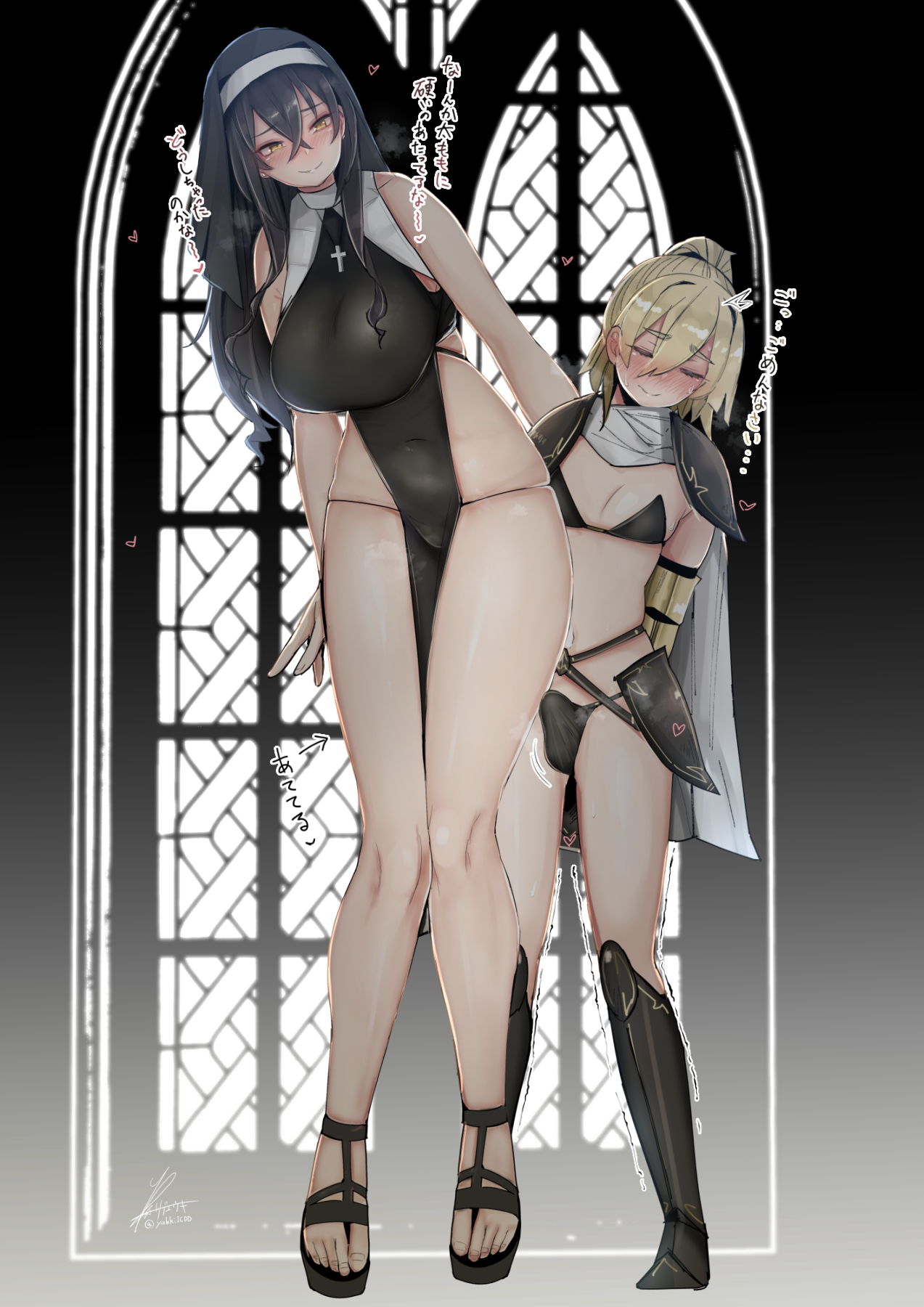 1boy, 1girls, age difference, armor, bikini armor, black hair, black panties, blonde hair, breasts, bulge, cape, closed mouth, collarbone, crossdressing, crossed bangs, dress, erection, erection under clothes, female, femboy, femboy on female, full body, habit, height difference, highres, huge breasts, impossible clothes, impossible dress, indoors, knees together feet apart, legs, long hair, long legs, male, nun, original, otoko no ko, panties, pelvic curtain, penis, rib:y (uhki), sandals, shiny skin, shoulder armor, sideless outfit, sidelocks, signature, sleeveless, sleeveless dress, small penis, smile, standing, thighs, toenails, toes, trembling, twitter username, underwear