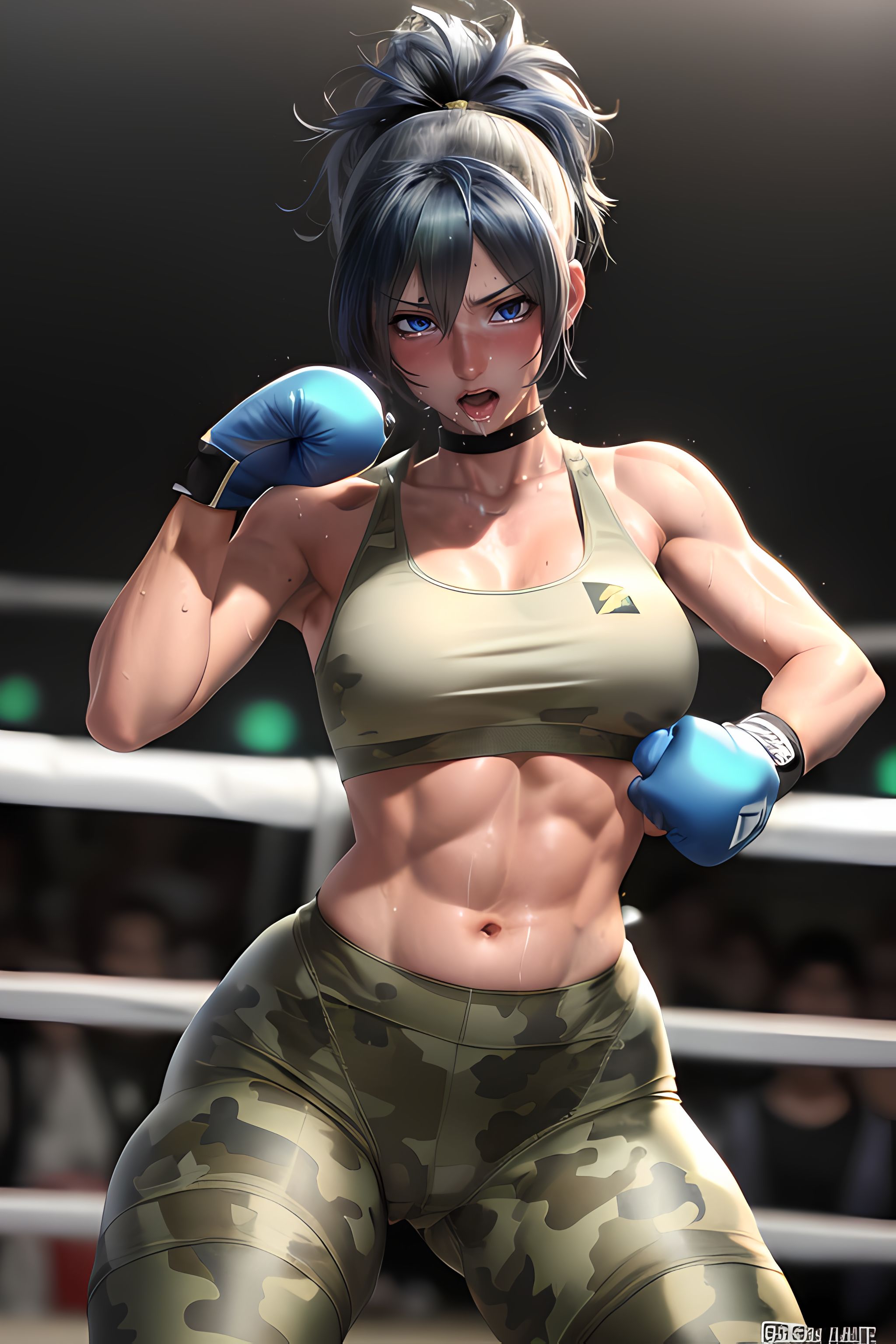 abs, absurd res, ai generated, arena, blue hair, boxing gloves, camo print, dankmasterai, female, hair, king of fighters, leona heidern, muscular, muscular female, stable diffusion, stomach, sweat, tagme, tight clothing