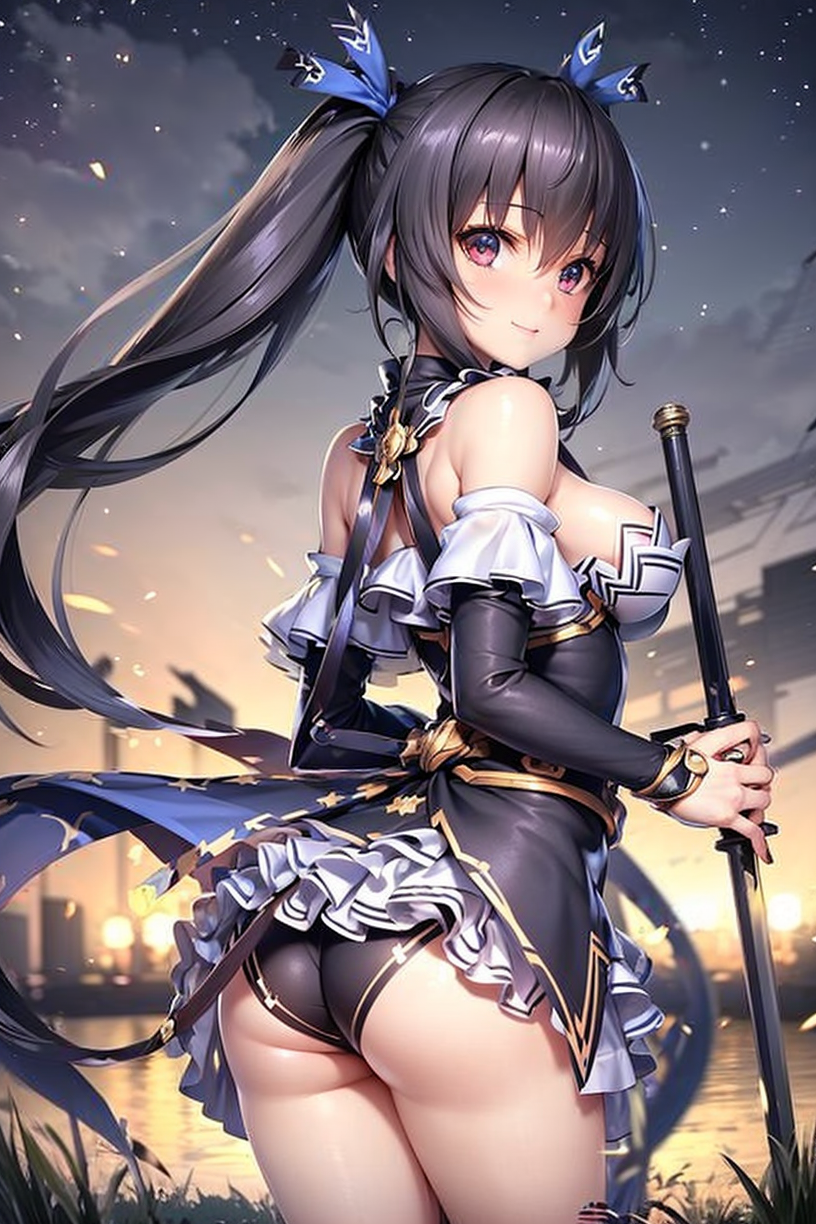 ai_generated ass big_breasts black_hair black_panties blue_ribbon city female female grass hand_on_breast hi_res holding_sword katakage neptunia_(series) night noire panties red_eyes stable_diffusion standing