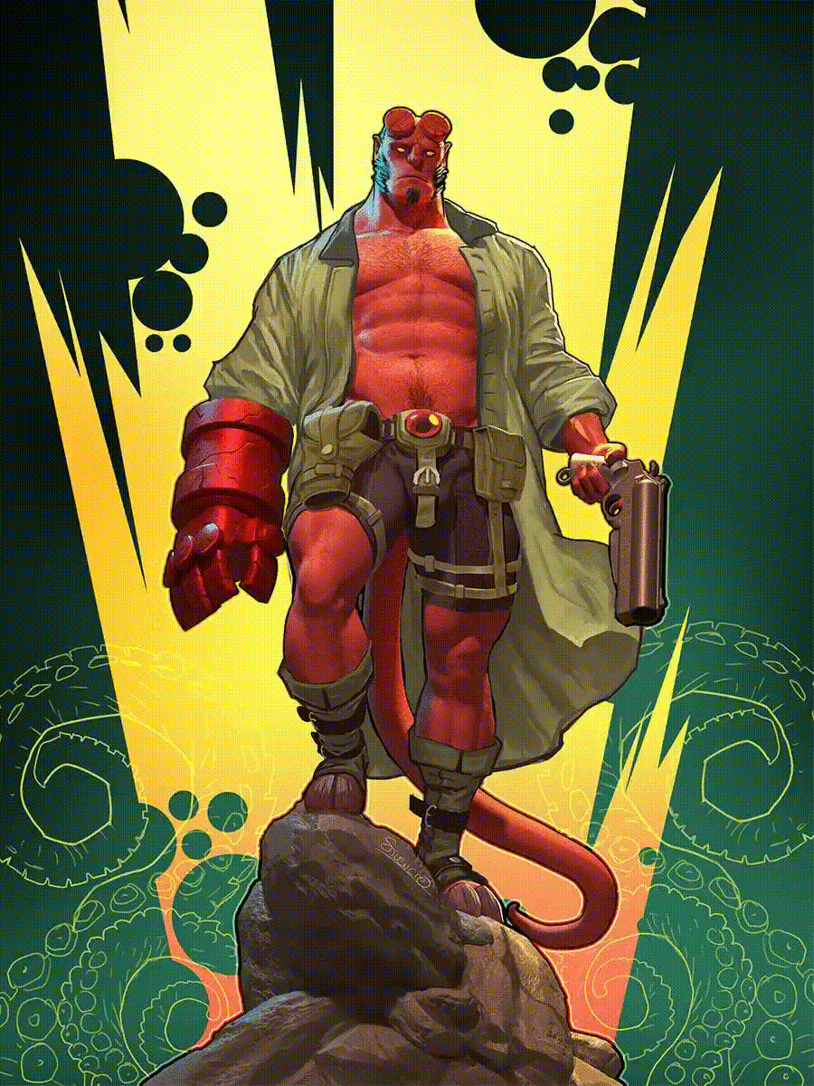 balls bara black_hair broken_horn bulge dark_horse demon facial_hair flaccid fully_clothed hellboy hellboy_(series) horns jacket male male_only muscles muscular open_jacket penis red_body red_skin shirt shorts silencio solo solo_male tail