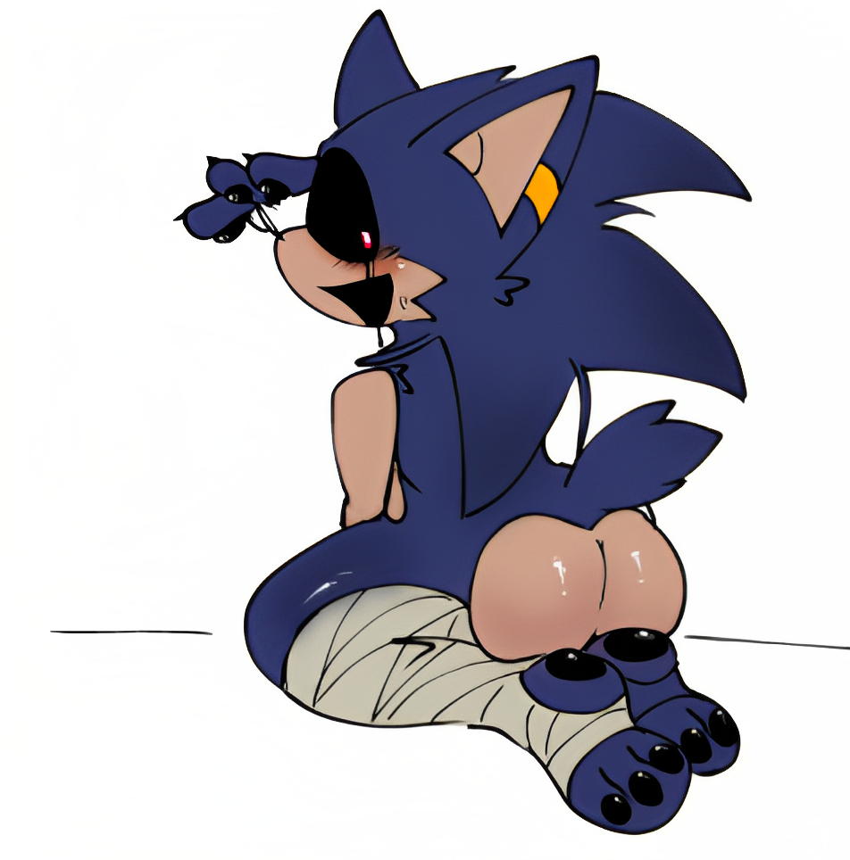 1boy 3_toes 4_fingers anthro ass ass_focus bandaged_leg bandaged_legs bandages black_eyes black_pawpads black_sclera blue_fur chipssalads clawed_fingers claws curse_(sonic.exe) ear_ring fat_ass femboy femboy_only girly girly_boy looking_back male_only red_eyes smile smiling sonic.exe sonic.exe_(creepypasta) sonic.exe_(series) sonic_(series) sonic_the_hedgehog sonic_the_hedgehog_(series)