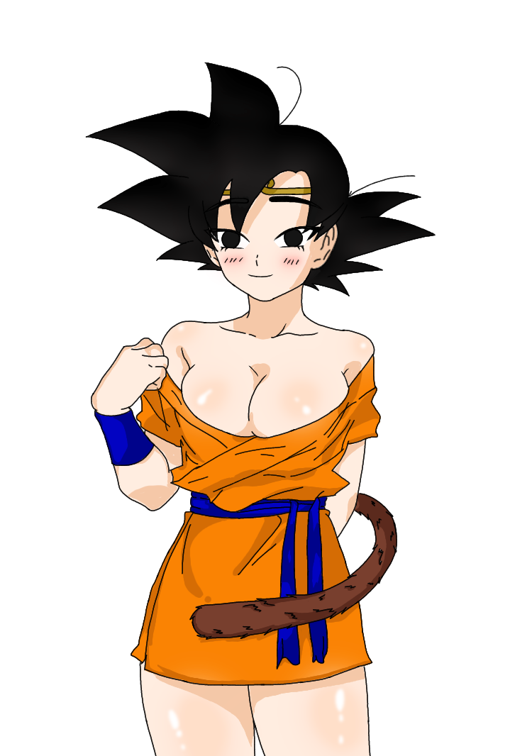 1girls big_breasts black_eyes black_hair clothed clothing dragon_ball dragon_ball_super dragon_ball_z female female_goku female_only female_saiyan goki rule_63 saiyan saiyan_tail solo son_goku white_skinsuit