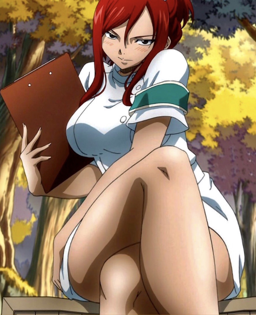 1girls, ass, big ass, big breasts, big butt, big legs, breasts, clipboard, erza scarlet, fairy tail, female, legs, nurse, nurse outfit, nurse uniform, red hair, red-haired female, screencap, seducing, seductive, seductive look, seductive pose, seductive smile, thick thighs, thighs