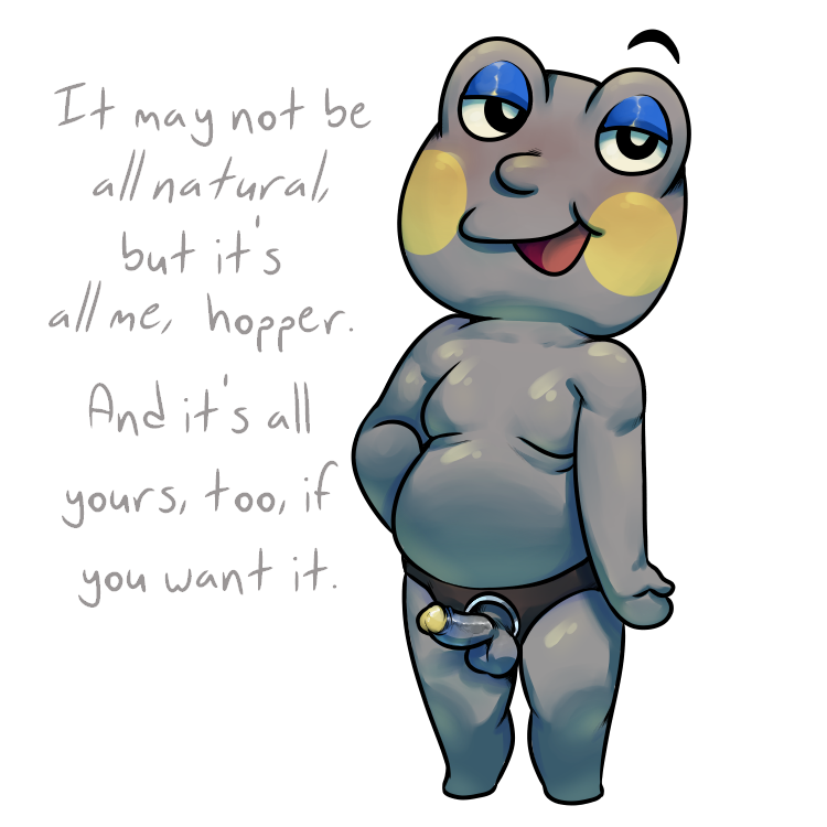 animal_crossing anthro blush chubby chubby_male confident english_text frog huck_(animal_crossing) kankore looking_at_viewer presenting_body self_upload speaking_to_viewer strap-on