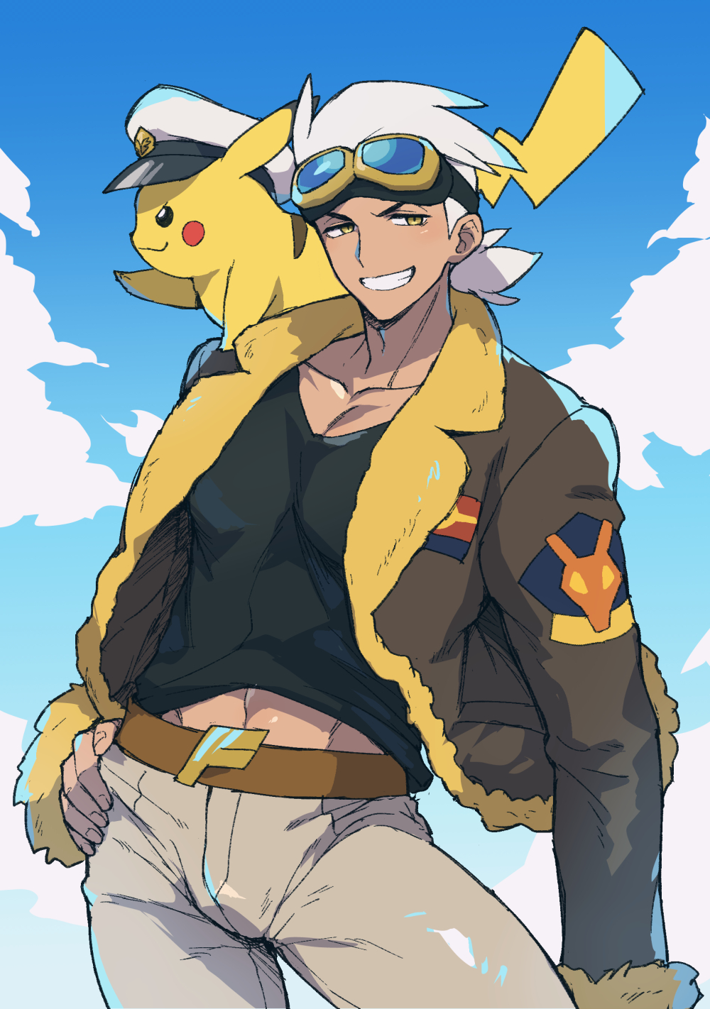 bulge captain_pikachu clothed hitoninjin male male_only muscles muscular muscular_male outdoors outside pokemon pokemon_(anime) pokemon_horizons professor_friede smiling standing