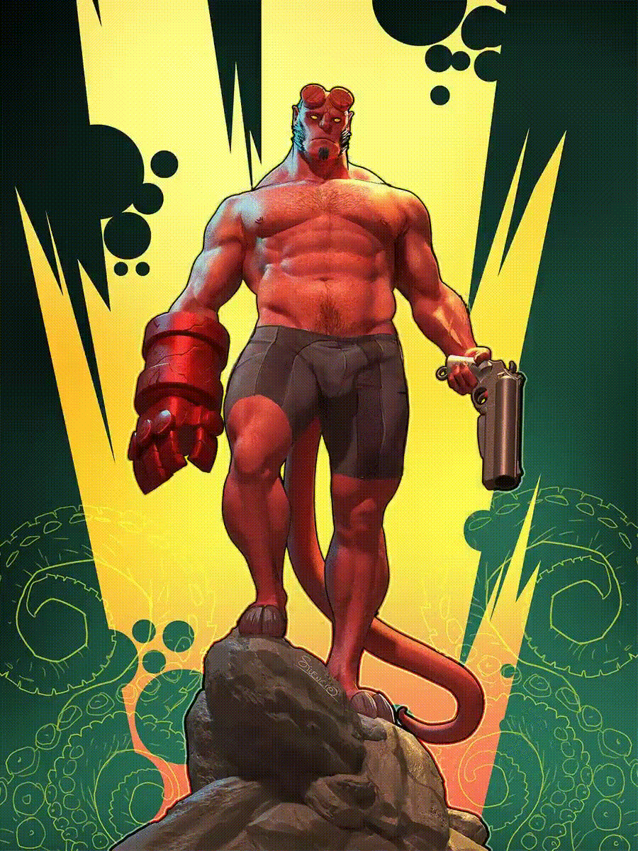 balls bara black_hair boner broken_horn bulge dark_horse demon erection erection_under_clothes facial_hair hellboy hellboy_(series) horns male male_only muscles muscular no_visible_genitalia penis red_body red_skin shirtless shorts silencio solo solo_male tail