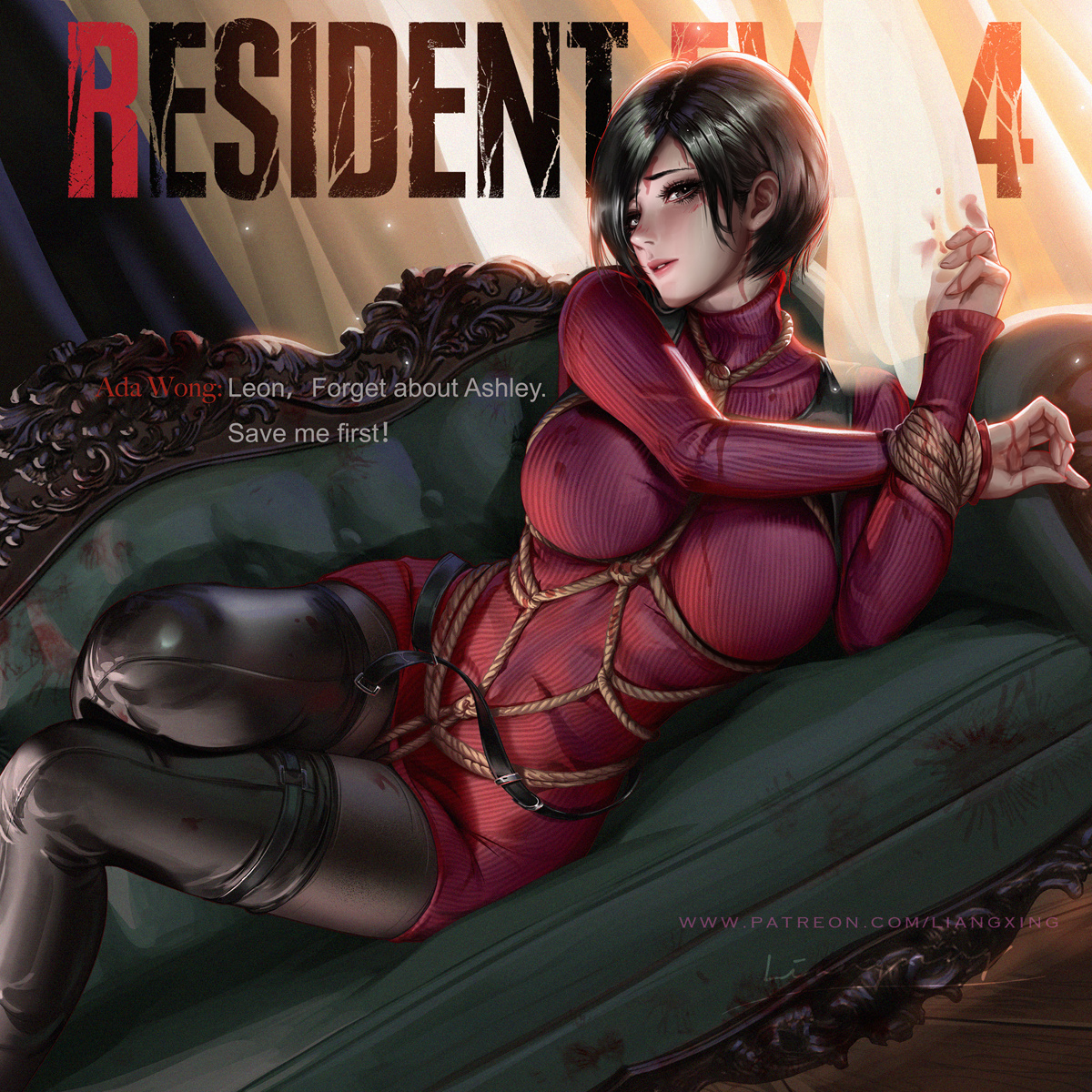 1girls, ada wong, asian, asian female, bdsm, black hair, bondage, couch, crotch rope, cute, dialogue, english text, female, female only, fully clothed, harness, highres, liang xing, petite, resident evil, resident evil 4, resident evil 4 remake, short hair, solo, sweater, sweater dress, text, thigh boots, thighhigh boots, tied hands, tied up, turtleneck sweater