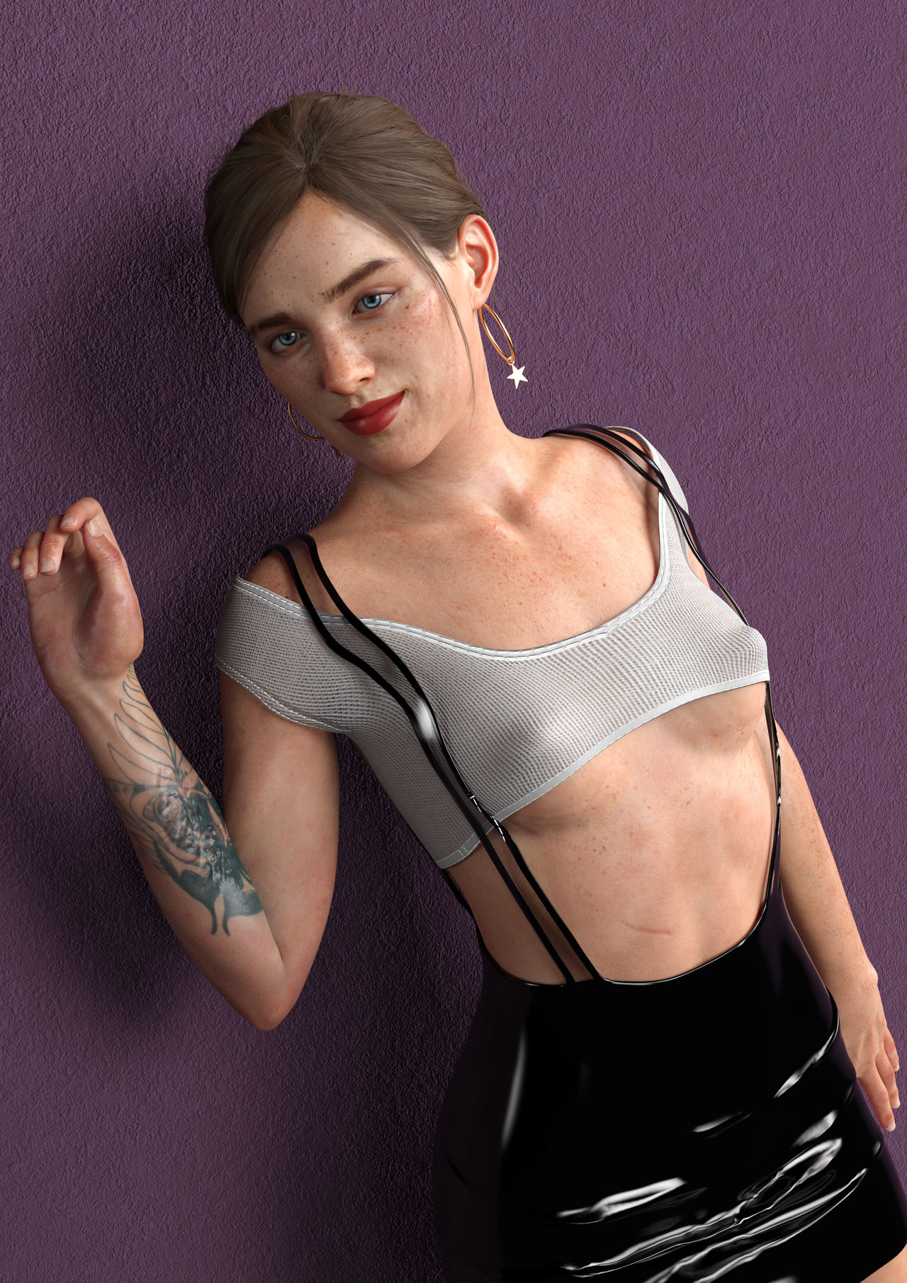 3d, athletic, athletic female, bare midriff, blue eyes, breasts, crop top, earrings, ellie (the last of us), ellie williams, erect nipples, female, female focus, female only, freckles, latex, latex skirt, lipstick, makeup, naughty dog, navel, nipple bulge, nipples, pinup, pinup pose, rge-exotic, skirt, small breasts, standing, suspenders, tagme, tattoo, the last of us, the last of us 2, underboob